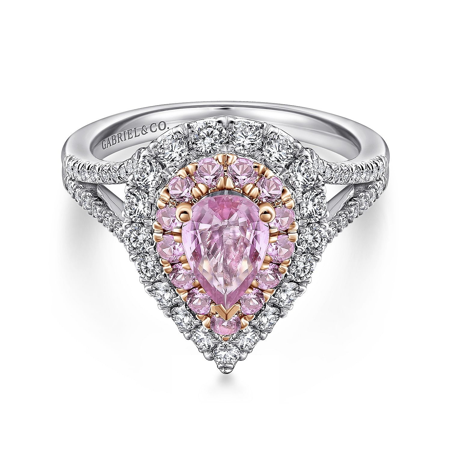 Dash - 14K White-Rose Gold Pear Shape Double Halo Diamond and Pink Sapphire Engagement Ring