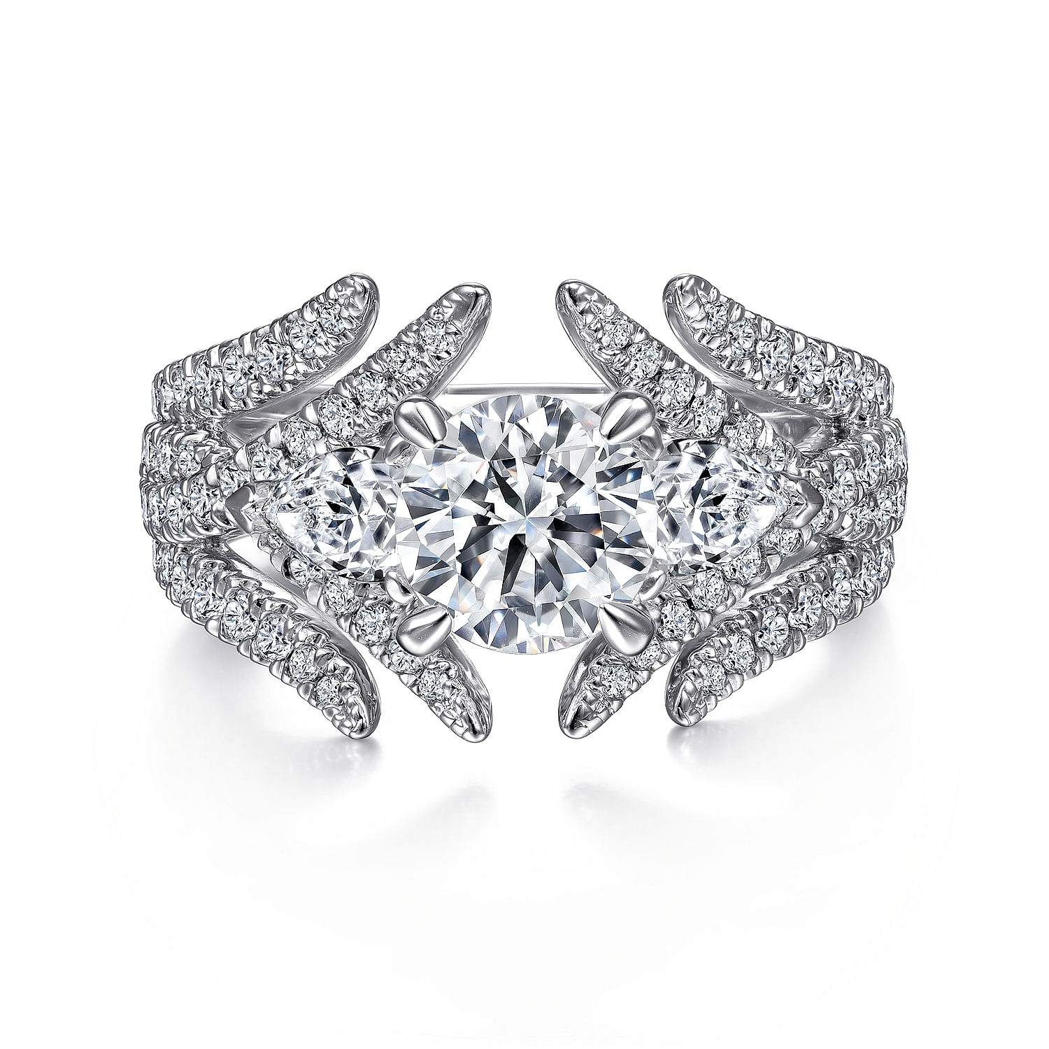 Daya - 14K White Gold Round Three Stone Diamond Engagement Ring