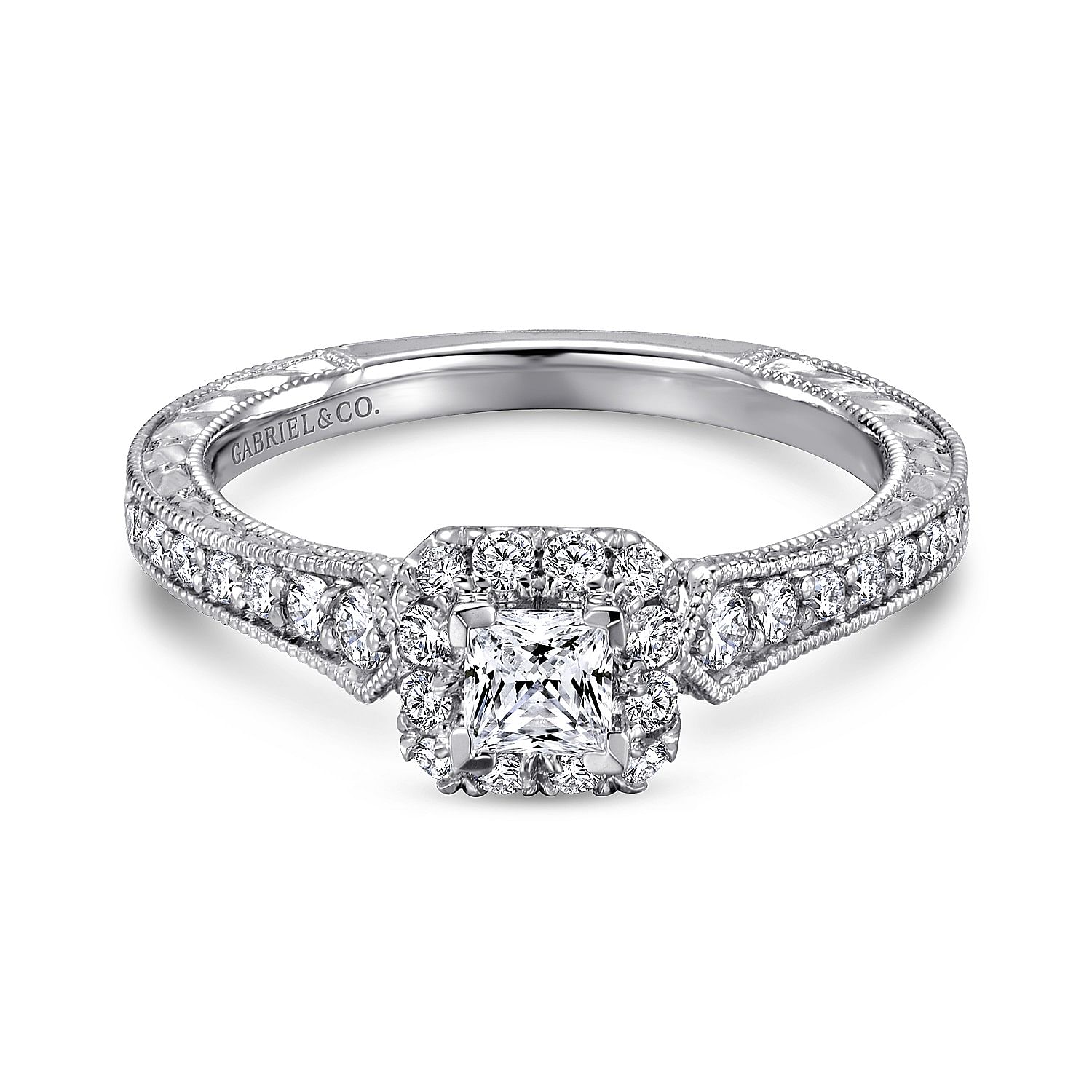 Delancey - Vintage Inspired 14K White Gold Princess Halo Complete Diamond Engagement Ring