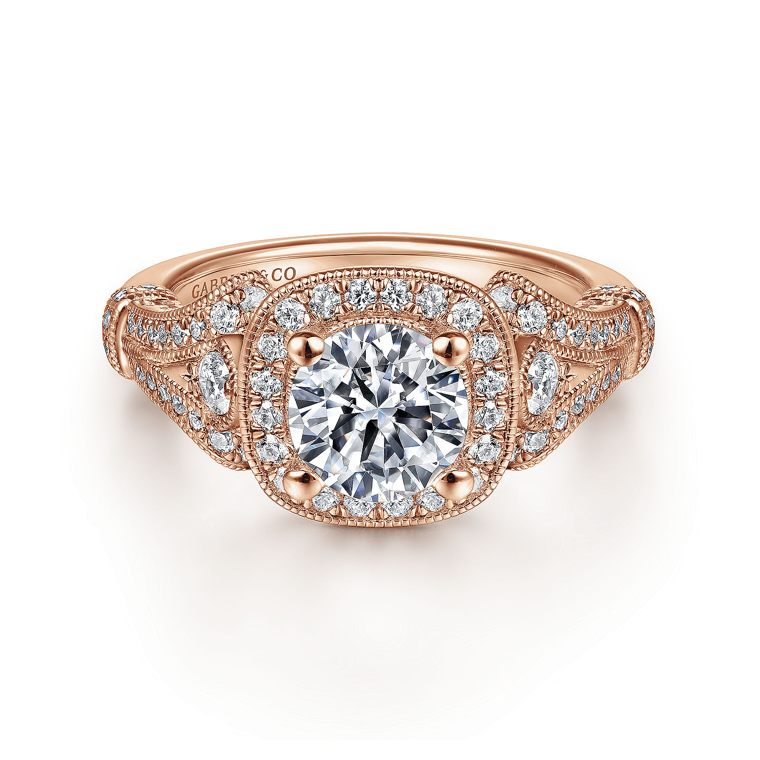 Delilah - Vintage Inspired 14K Rose Gold Cushion Halo Round Diamond Engagement Ring