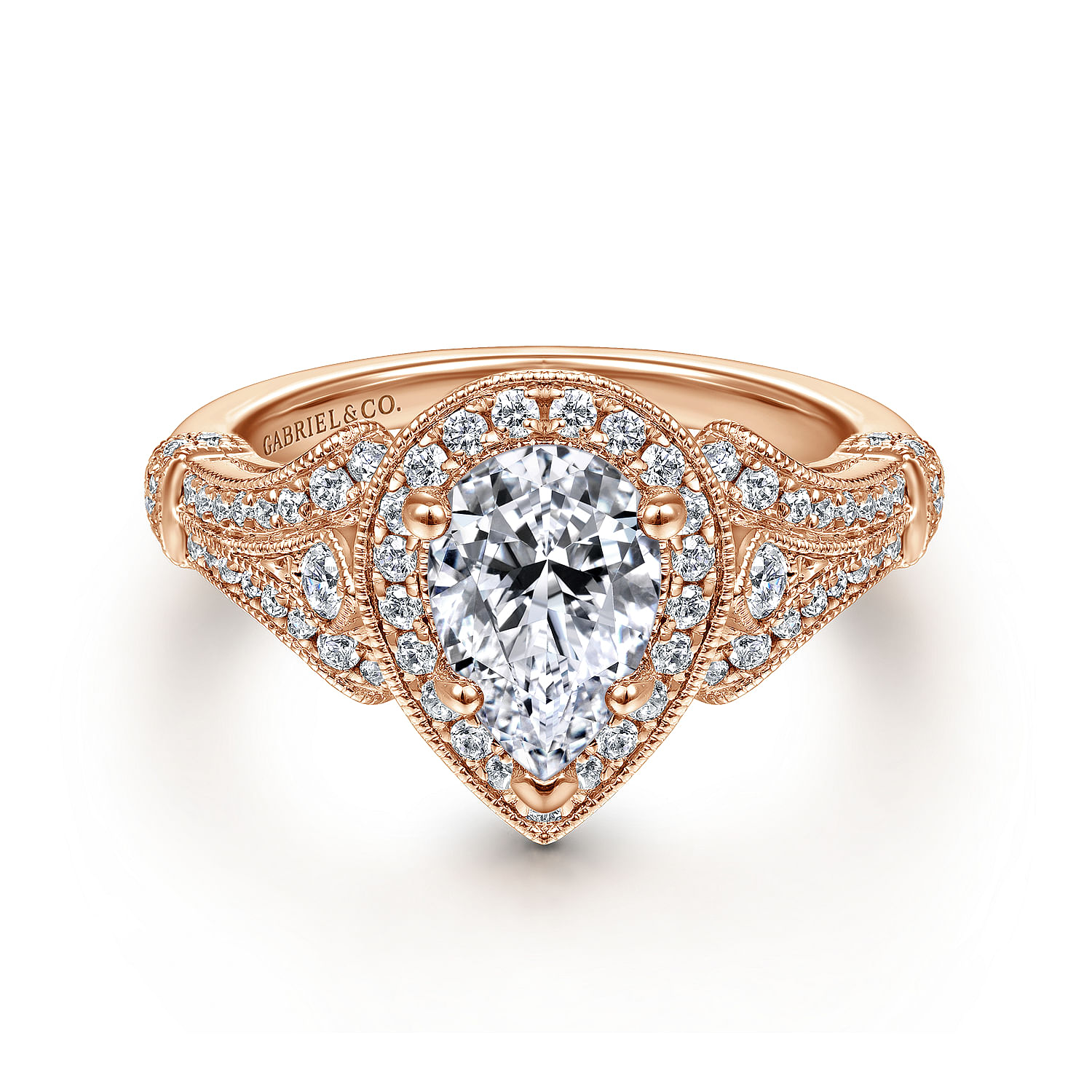 Delilah - Vintage Inspired 14K Rose Gold Pear Shape Halo Diamond Engagement Ring