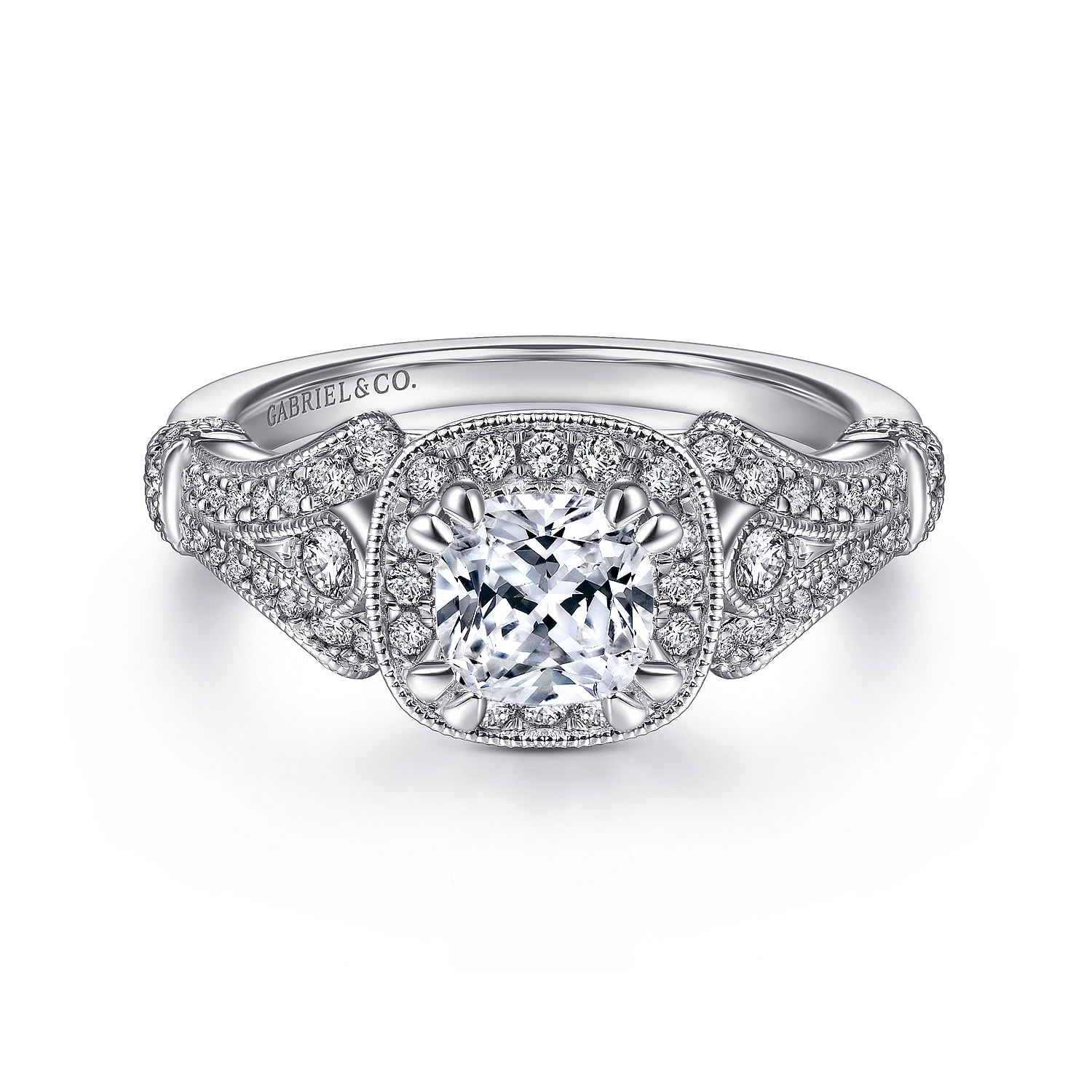 Delilah - Vintage Inspired 14K White Gold Cushion Halo Diamond Engagement Ring