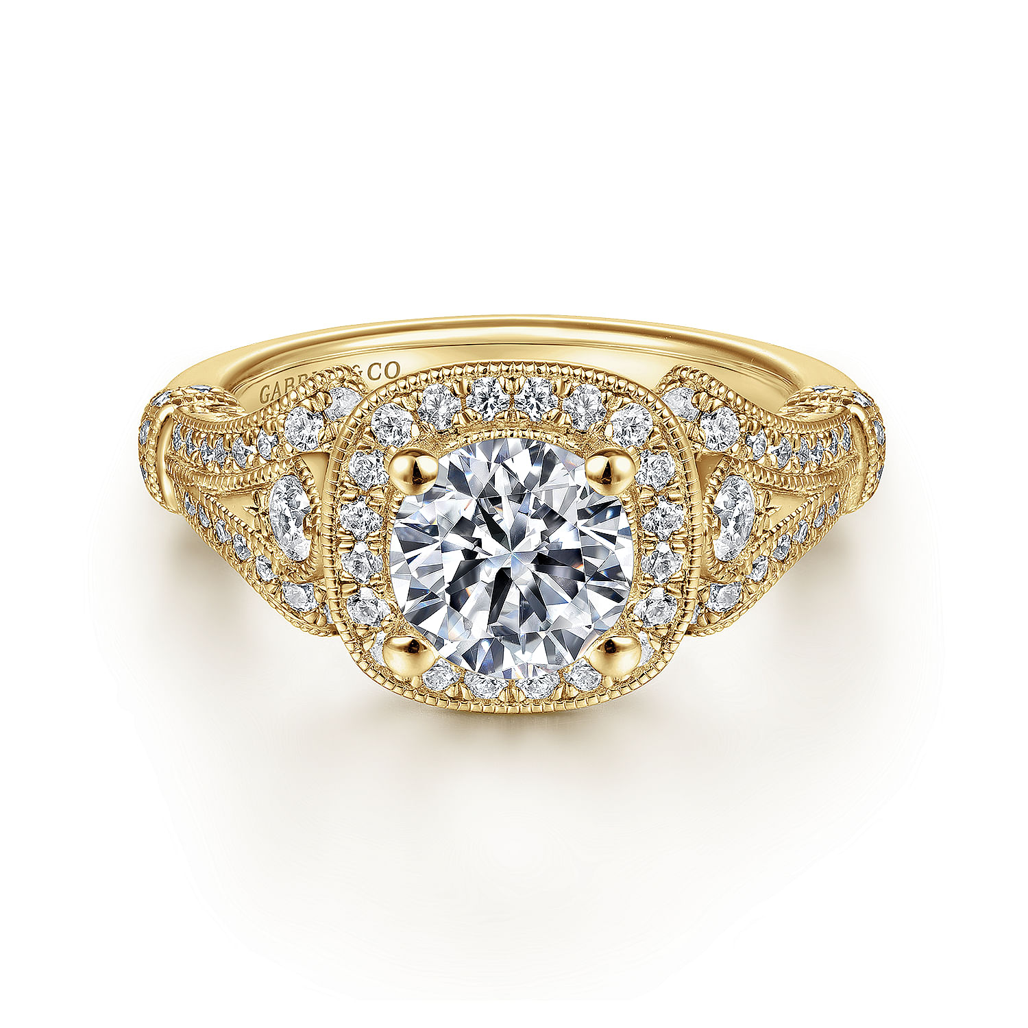 Delilah - Vintage Inspired 14K Yellow Gold Cushion Halo Round Diamond Engagement Ring