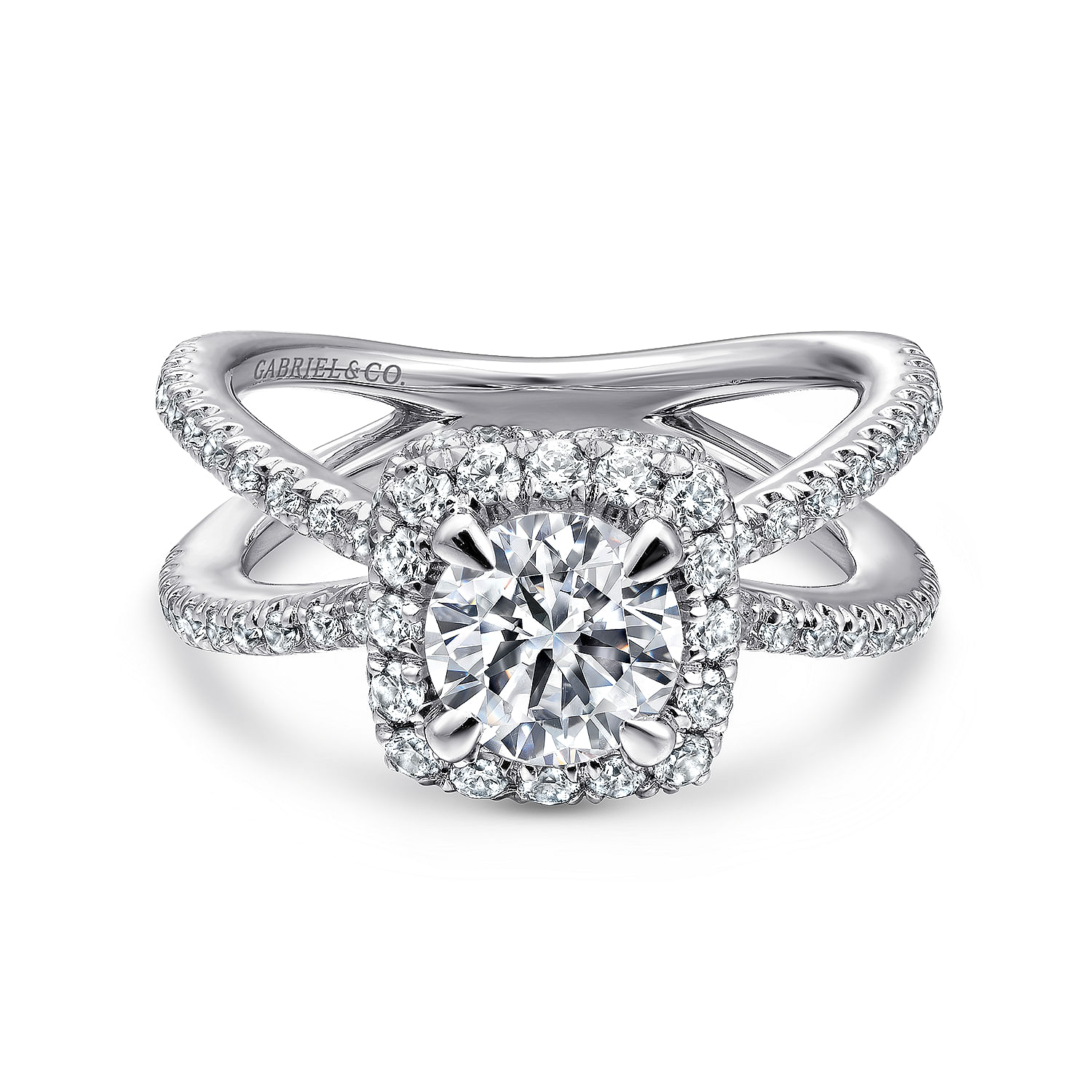 Delphinia - 14K White Gold Cushion Halo Round Diamond Engagement Ring