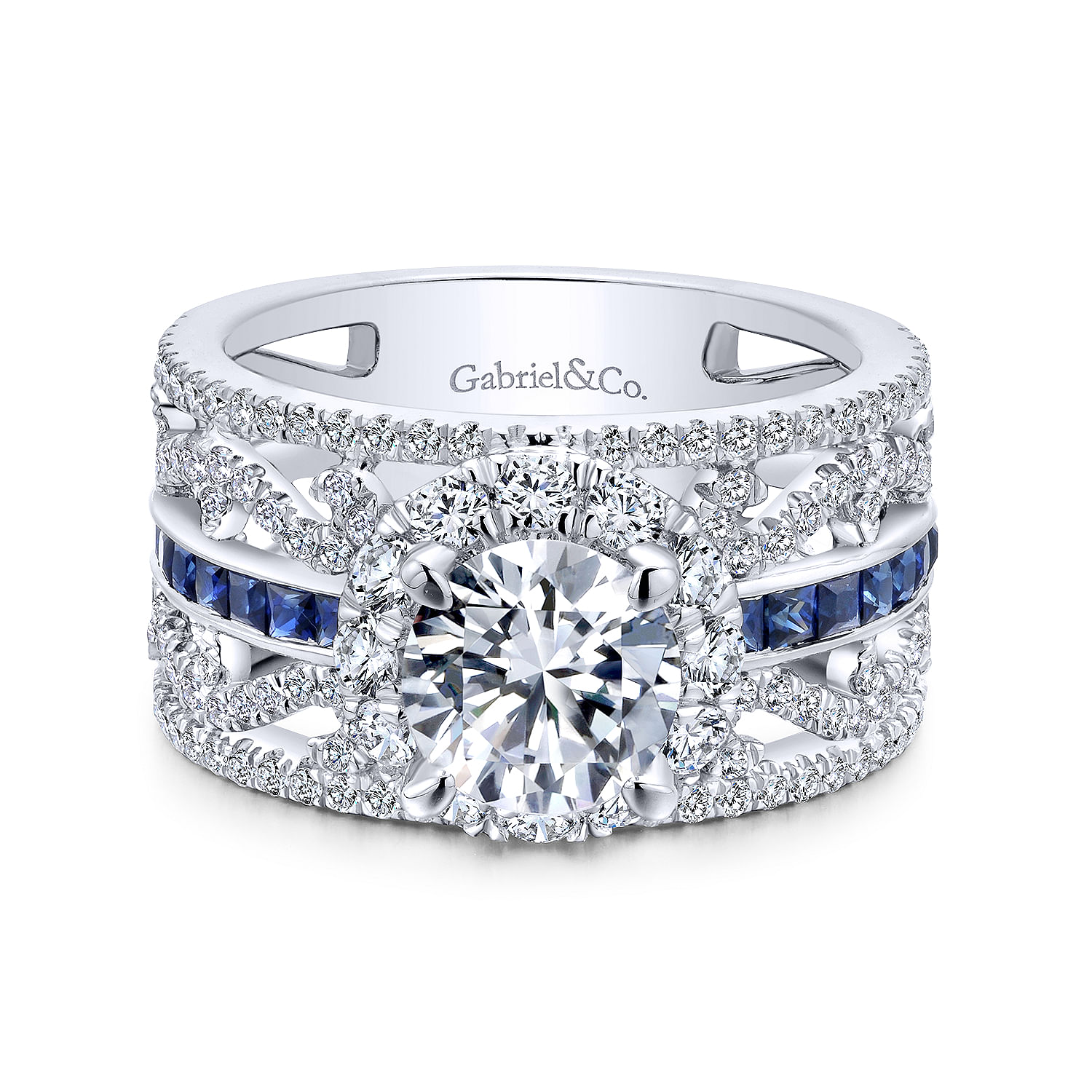 Efron - 14K White Gold Round Halo Sapphire and Diamond Engagement Ring