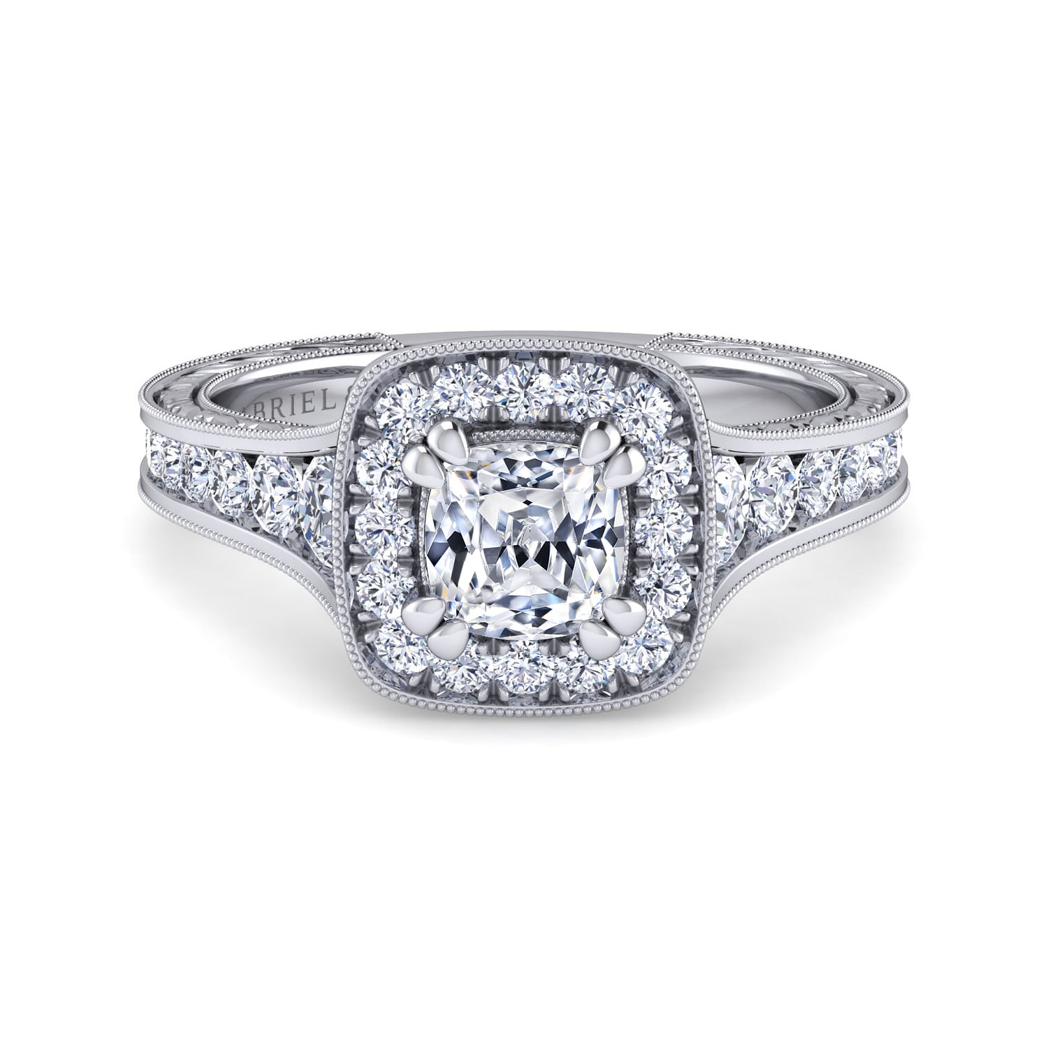 Elaine - Vintage Inspired 14K White Gold Cushion Halo Diamond Engagement Ring