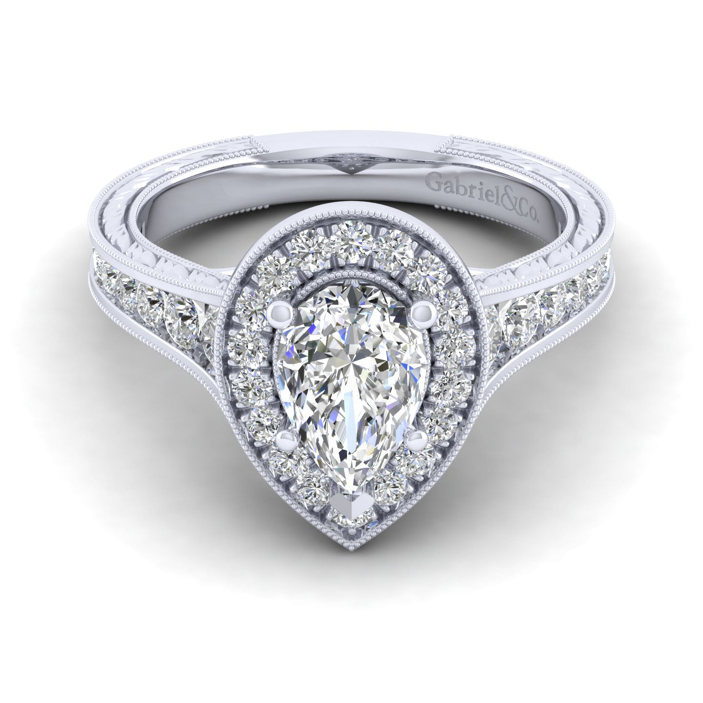 Elaine - Vintage Inspired 14K White Gold Pear Shape Halo Diamond Engagement Ring