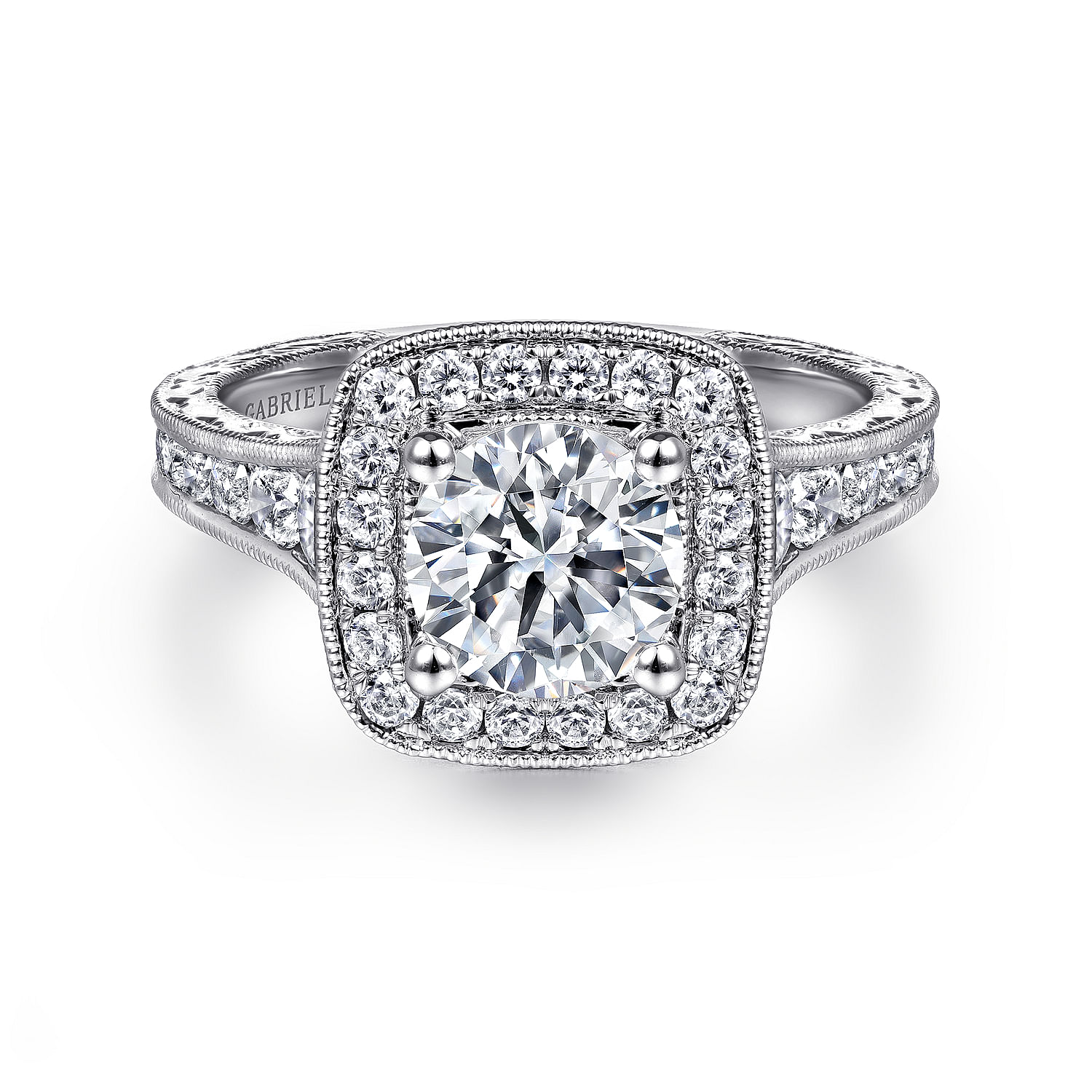 Elaine - Vintage Inspired Platinum Cushion Halo Round Diamond Engagement Ring
