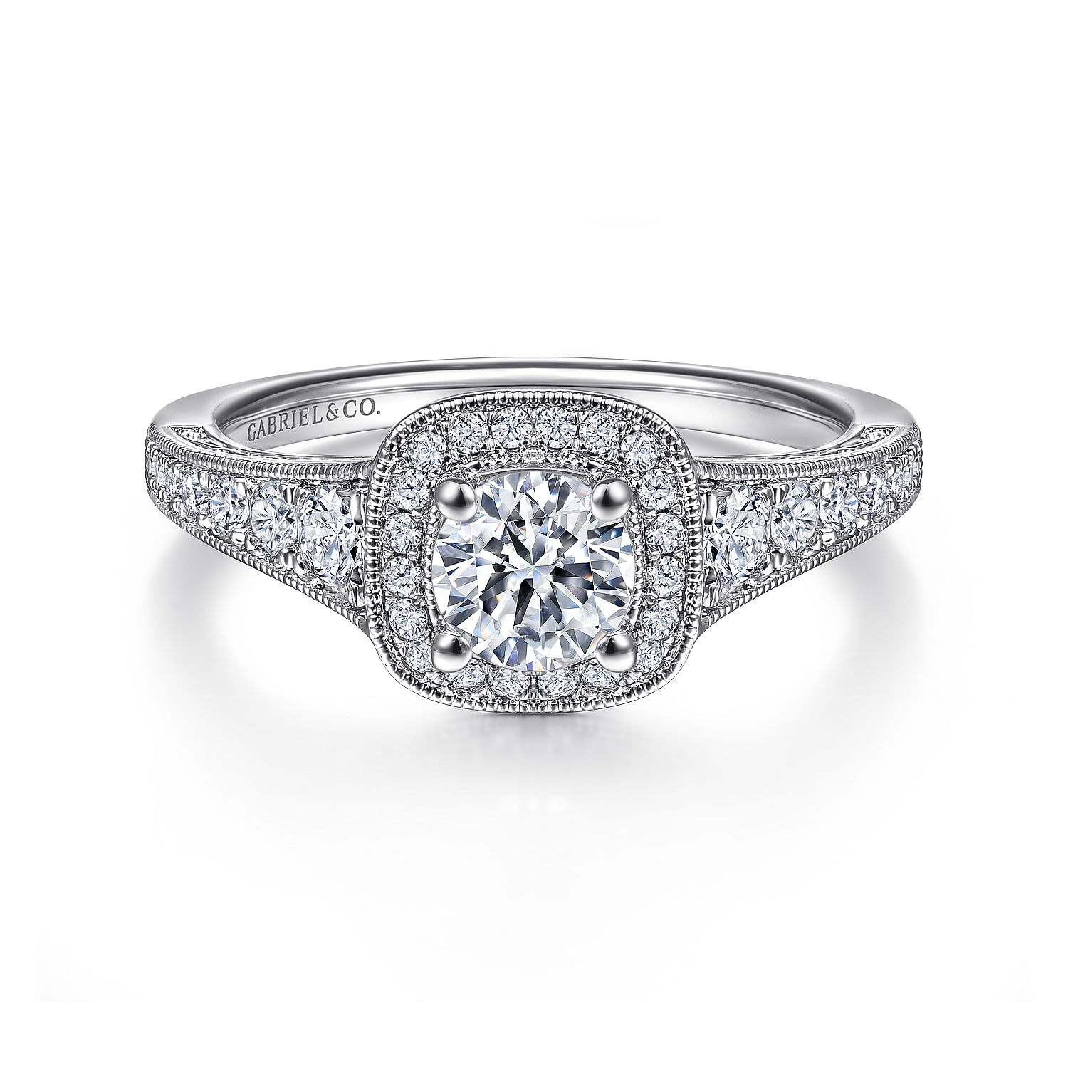 Florence - Vintage Inspired 14K White Gold Round Halo Diamond Engagement Ring
