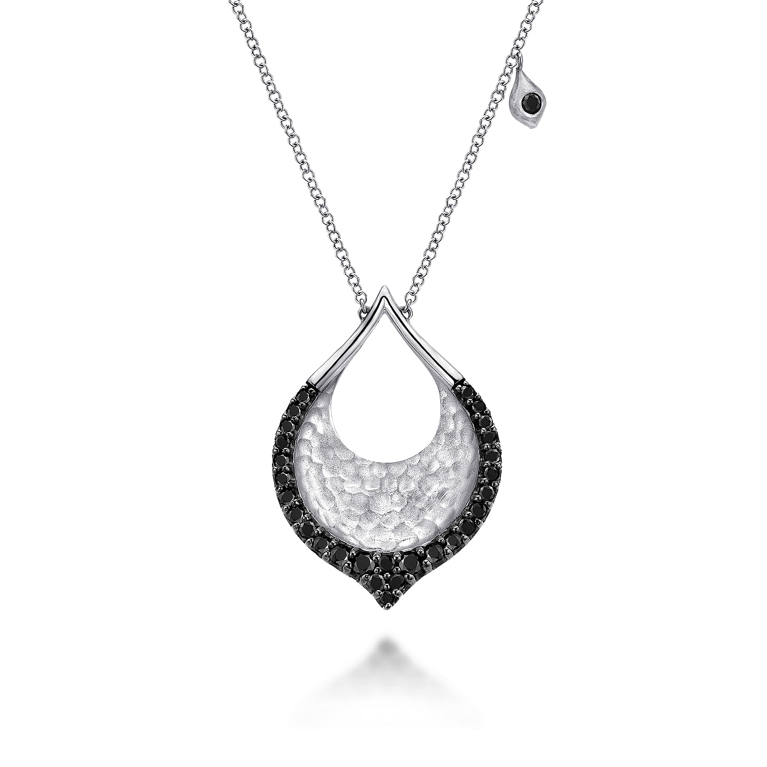 Hammered 925 Sterling Silver Black Spinel Teardrop Pendant Necklace