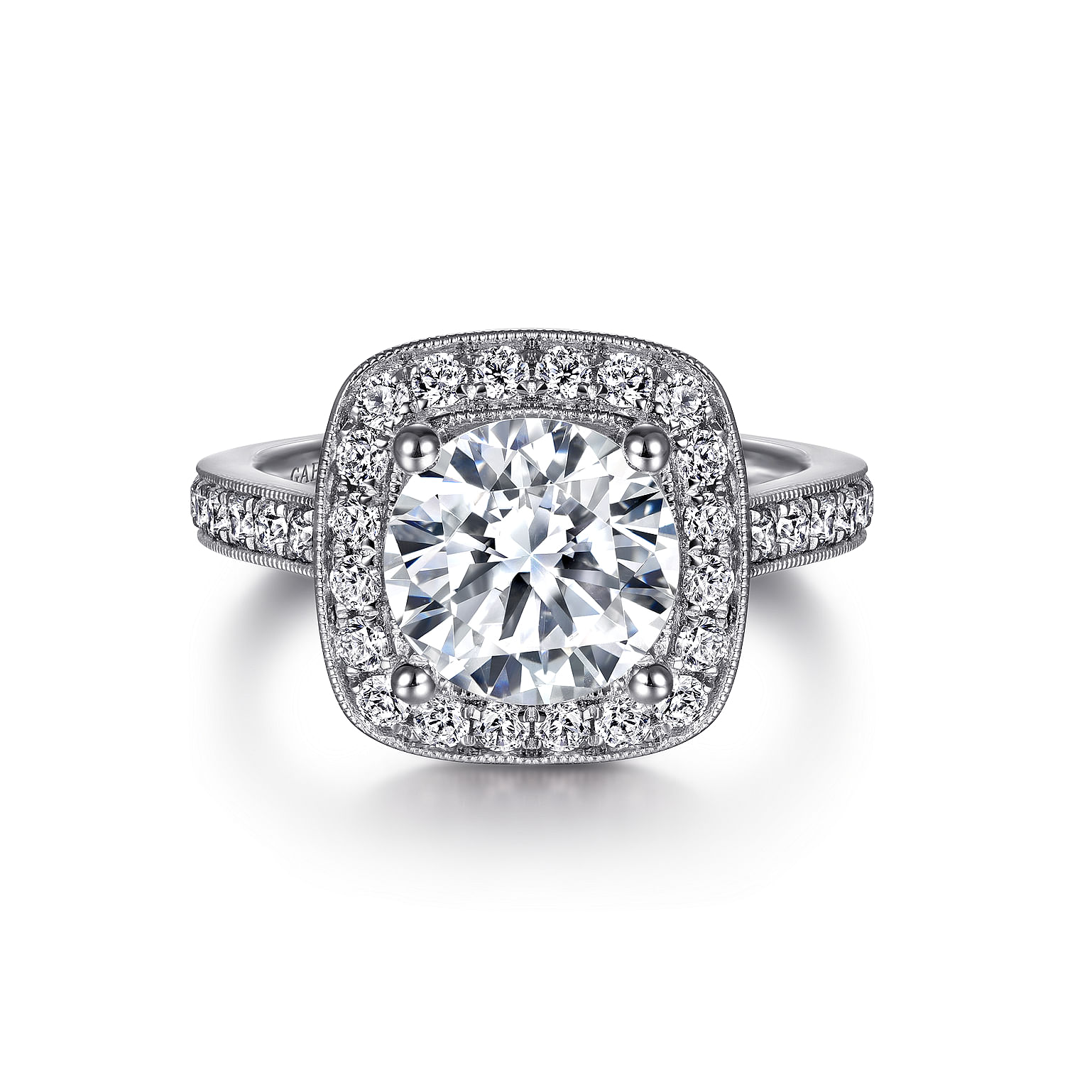 Harper - Vintage Inspired 14K White Gold Cushion Halo Round Diamond Engagement Ring