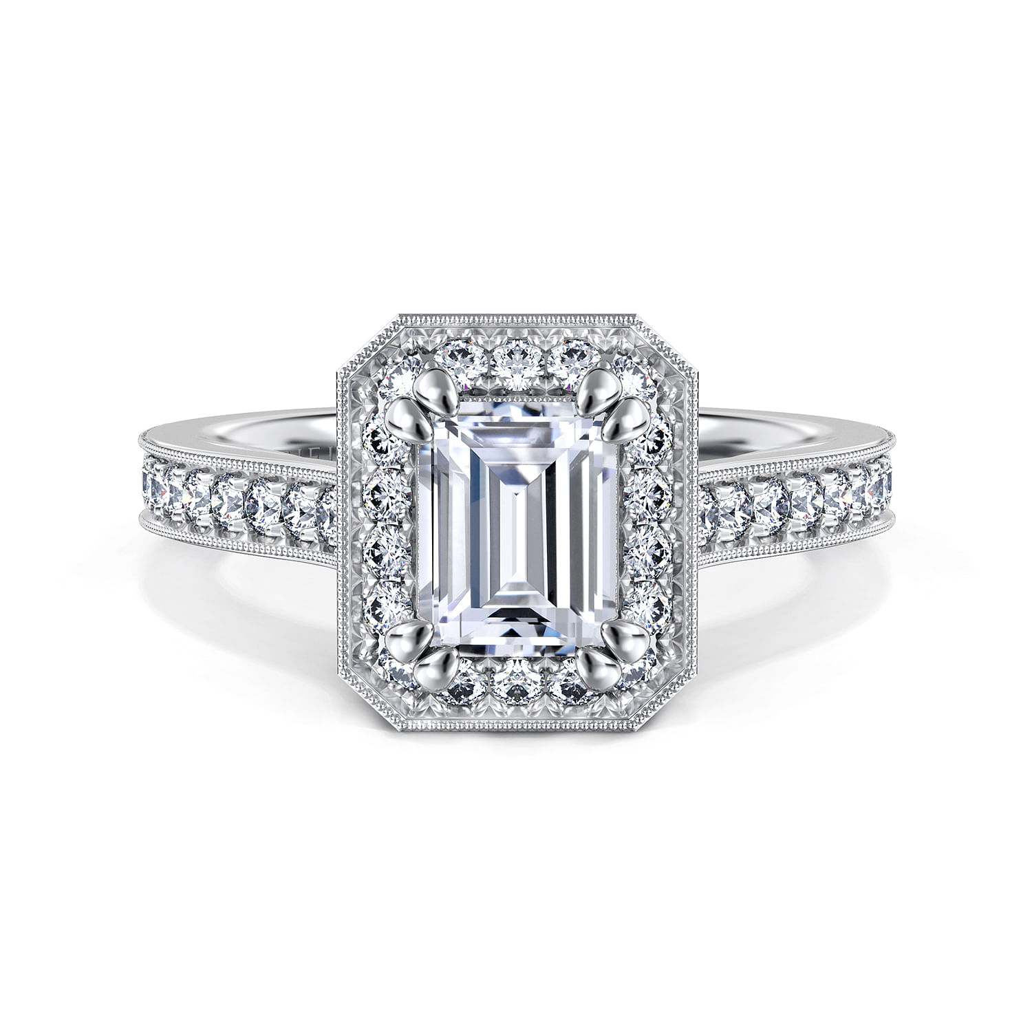 Harper - Vintage Inspired 14K White Gold Emerald Halo Diamond Engagement Ring