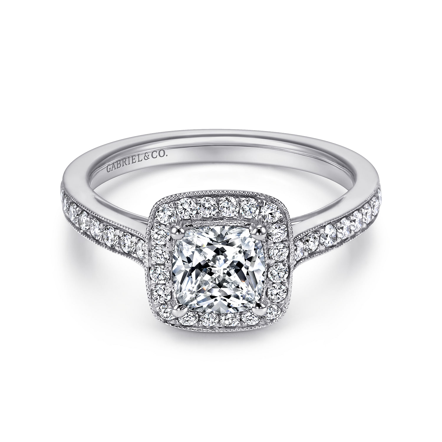 Harper - Vintage Inspired Platinum Cushion Halo Diamond Engagement Ring
