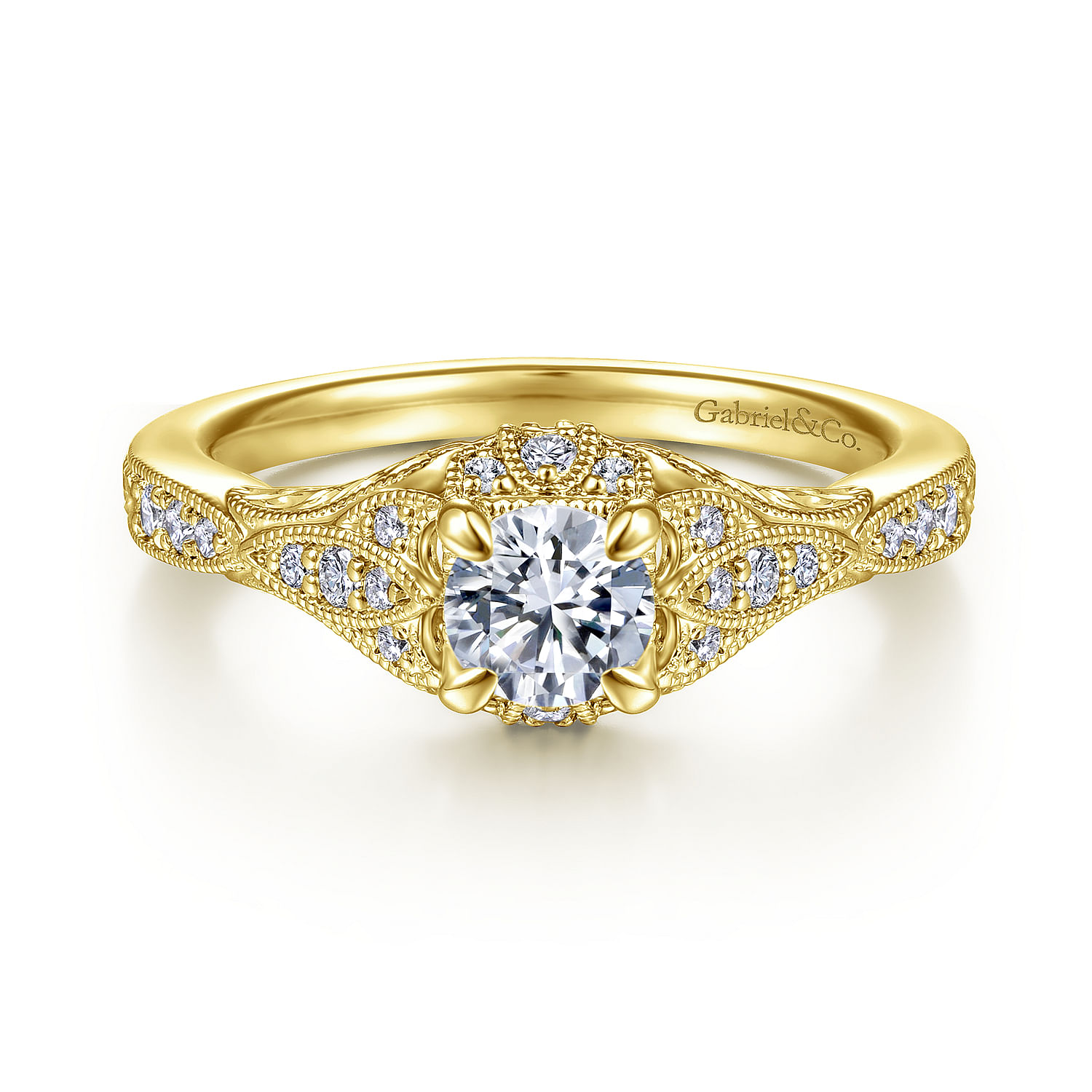 Iona - Vintage Inspired 14K Yellow Gold Round Halo Complete Diamond Engagement Ring