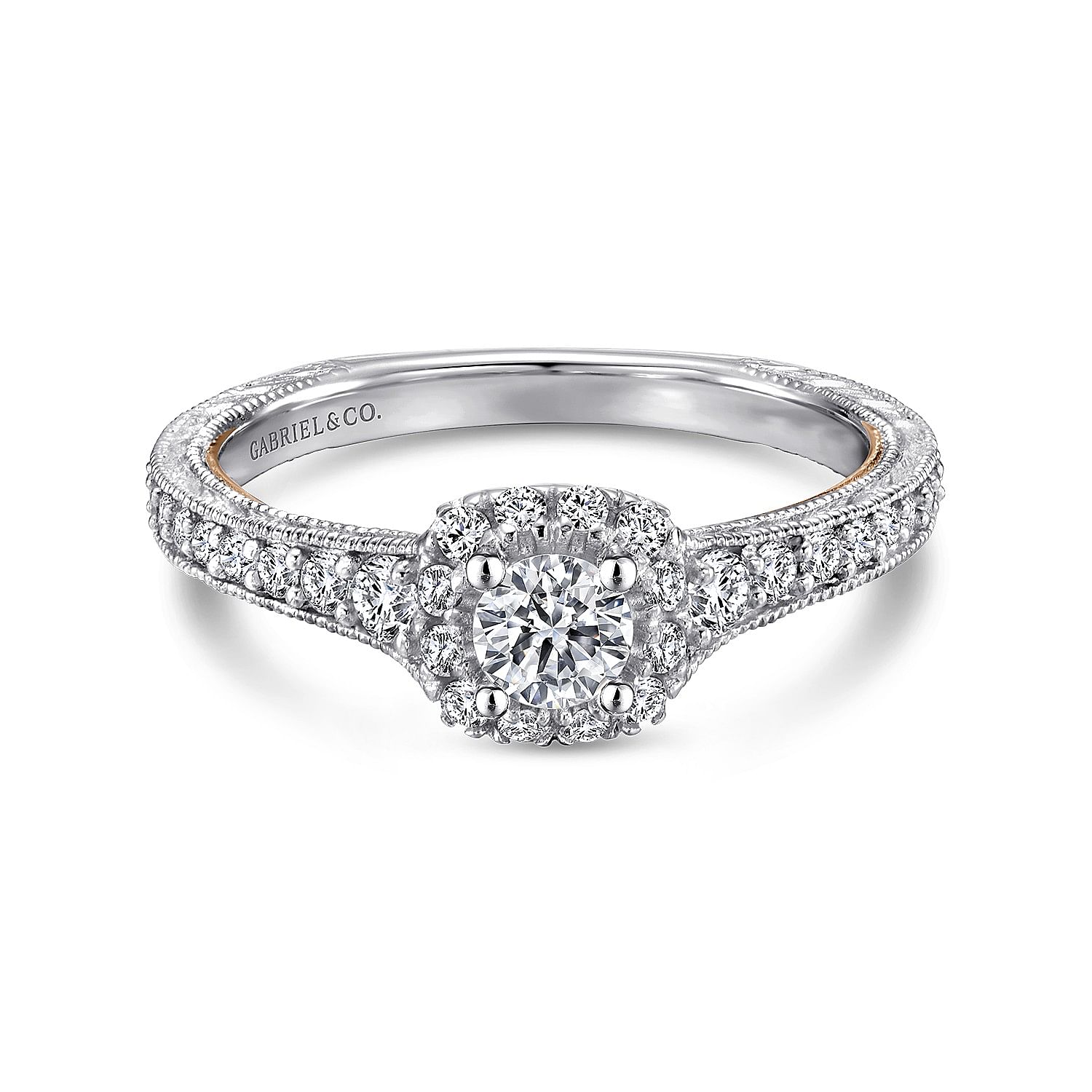Ioni - 14K White-Rose Gold Round Halo Complete Diamond Engagement Ring