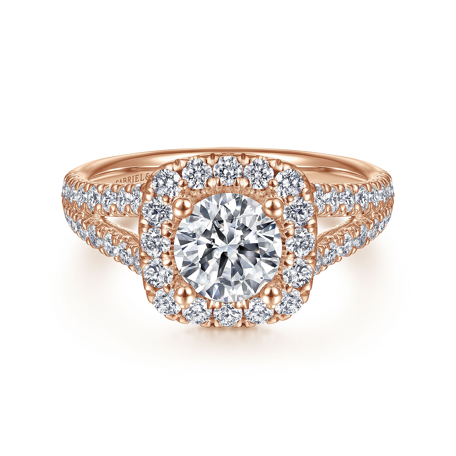 James - 14K Rose Gold Cushion Halo Round Diamond Engagement Ring