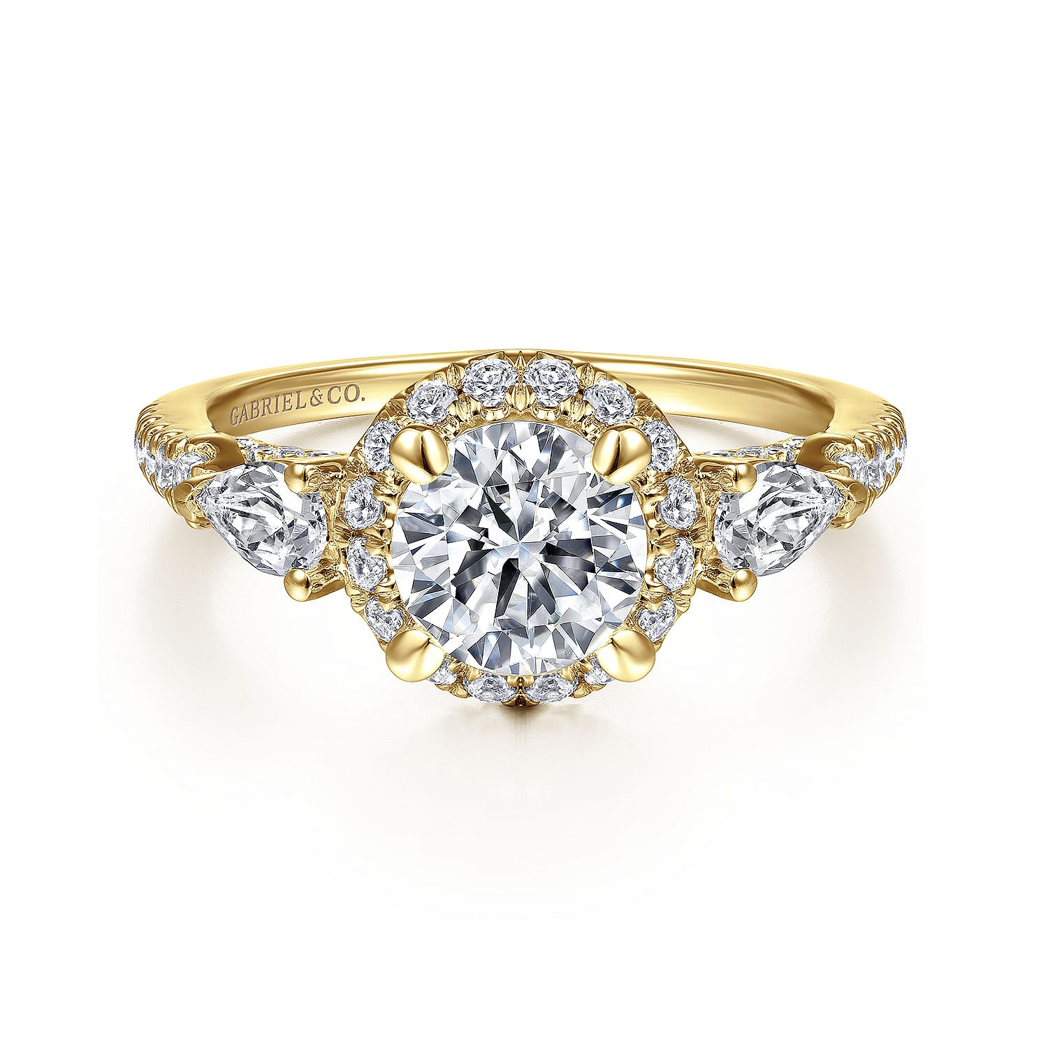 Jayla - 14K Yellow Gold Round Three Stone Halo Diamond Engagement Ring