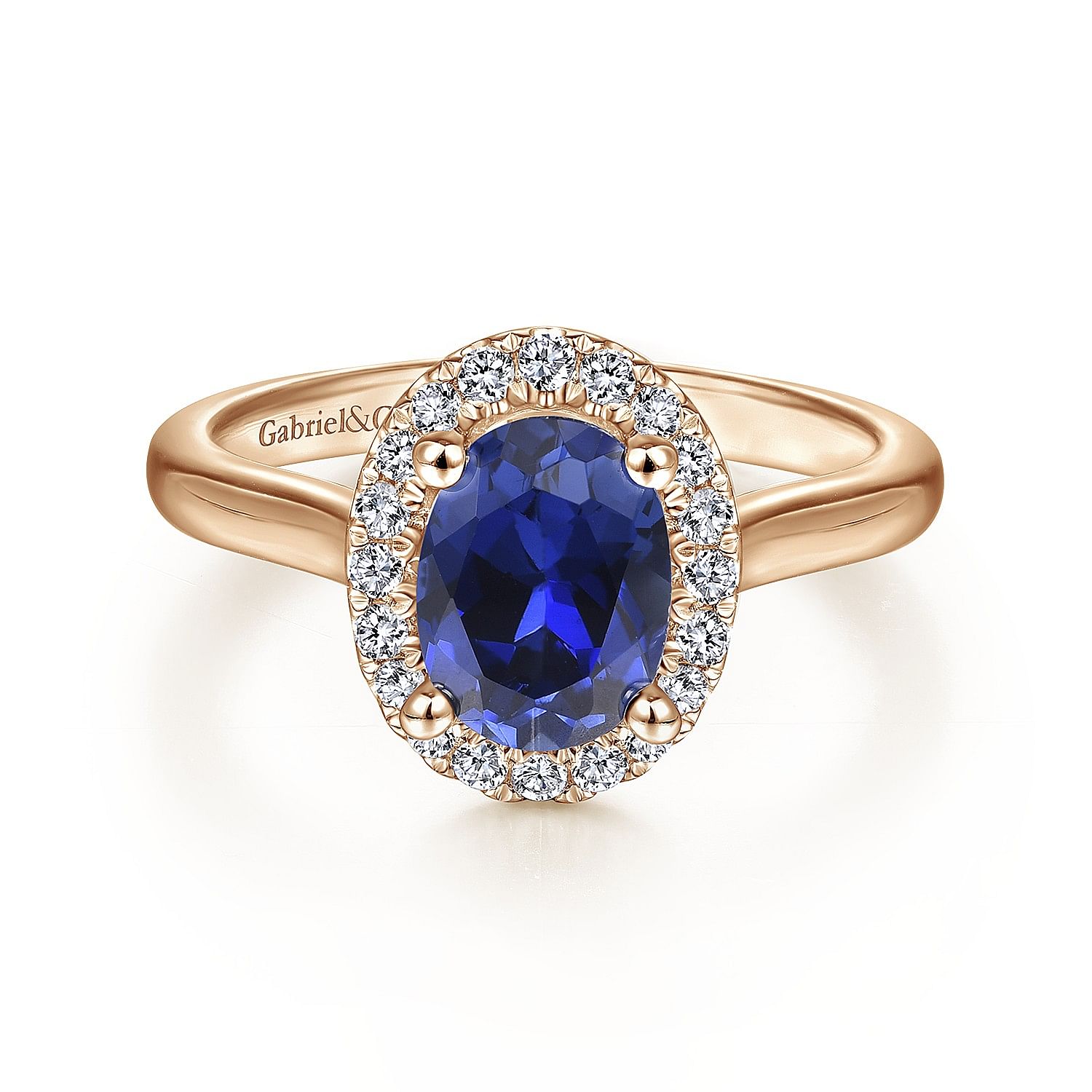 Jordana - 14K Rose Gold Oval Halo Diamond and Sapphire Engagement Ring