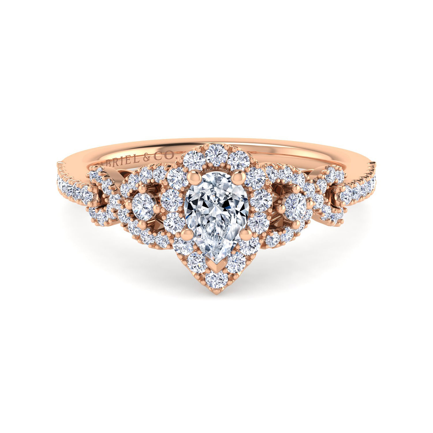 Kalinda - 14K Rose Gold Pear Shape Three Stone Halo Diamond Engagement Ring