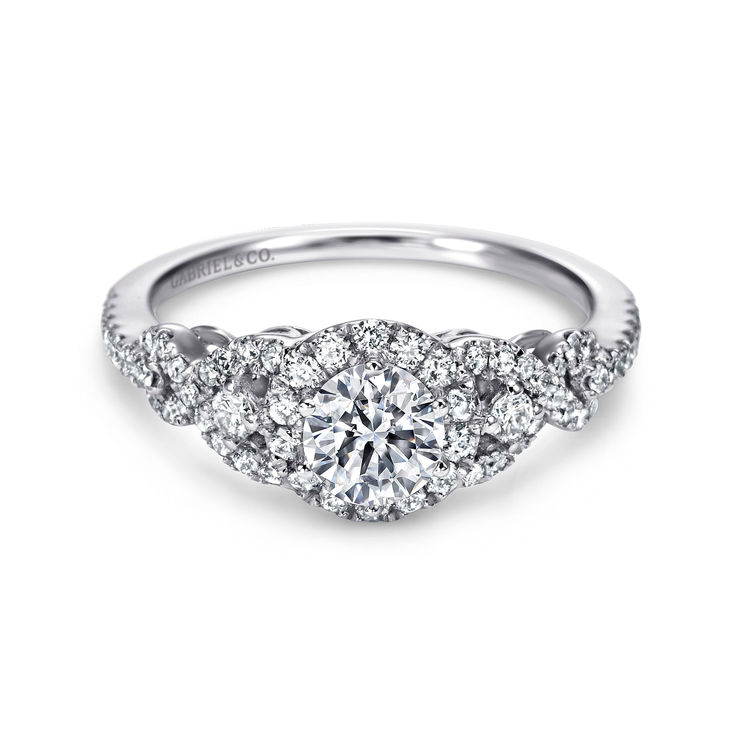 Kalinda - 14K White Gold Round Three Stone Halo Diamond Engagement Ring
