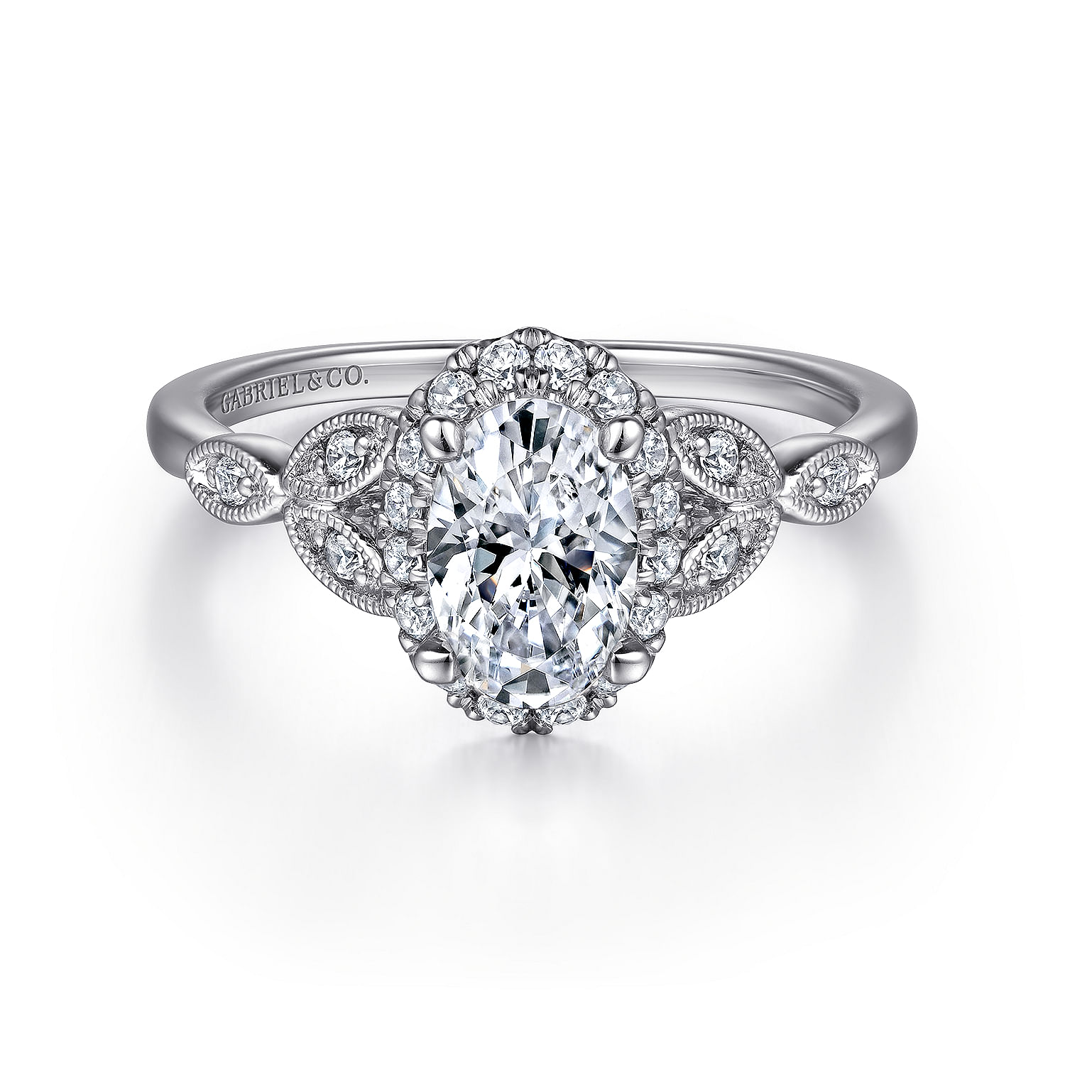 Katriane - Vintage Inspired 14K White Gold Oval Halo Diamond Engagement Ring