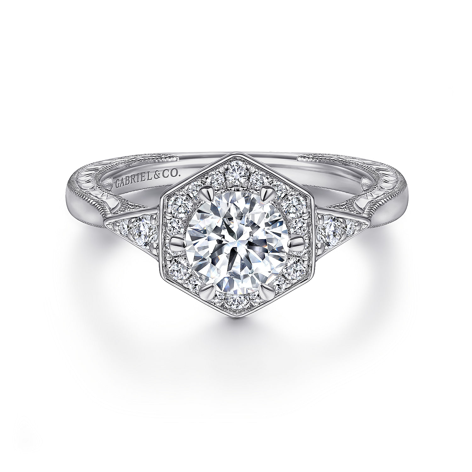 Kiaran - Art Deco 14K White Gold Round Halo Diamond Engagement Ring