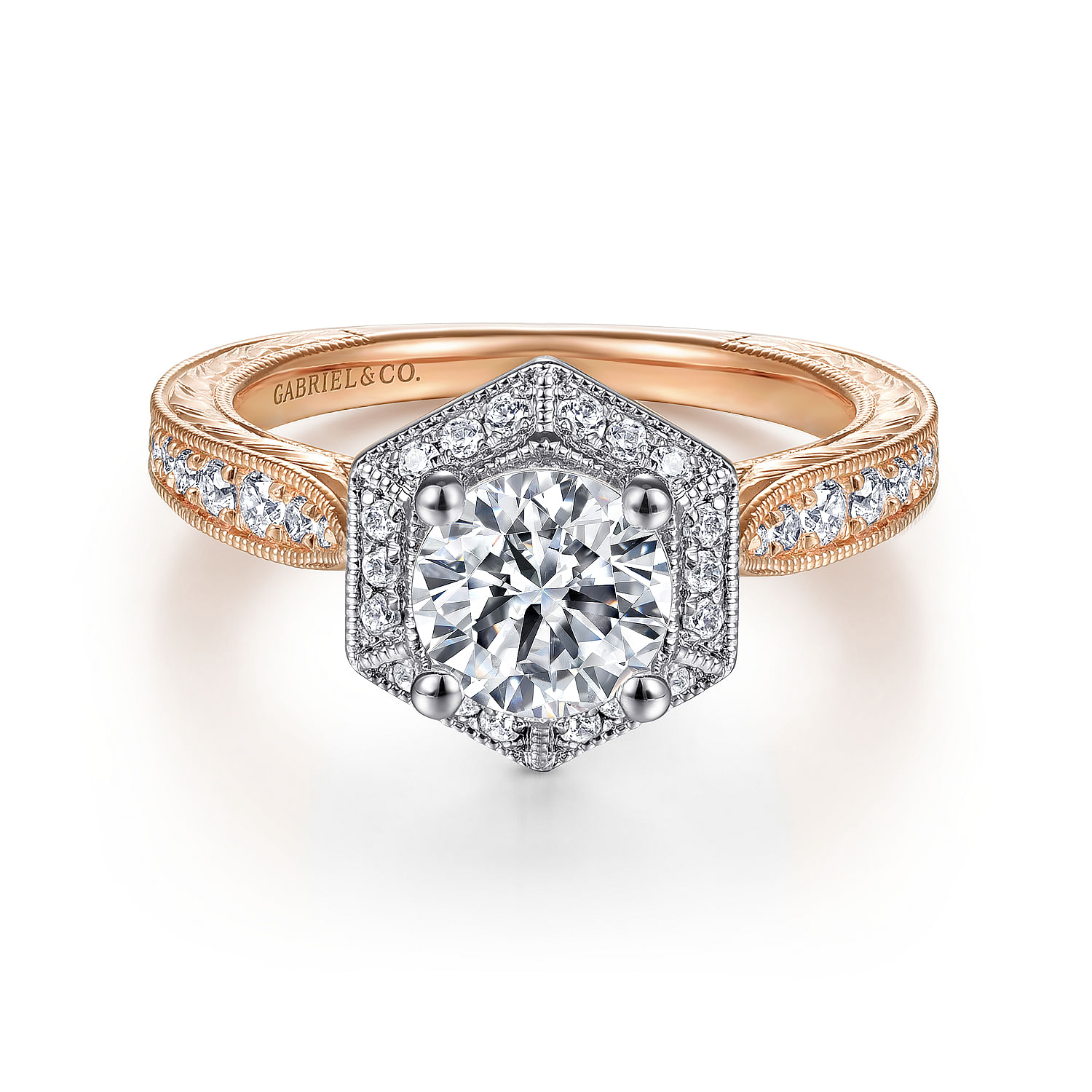 Kingston - Art Deco 14K White-Rose Gold Hexagonal Halo Round Diamond Engagement Ring