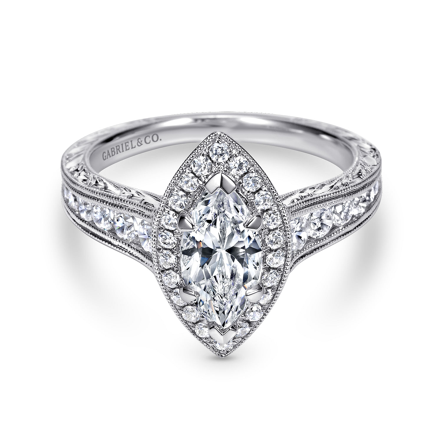 Leticia - Vintage Inspired 14K White Gold Marquise Halo Diamond Engagement Ring