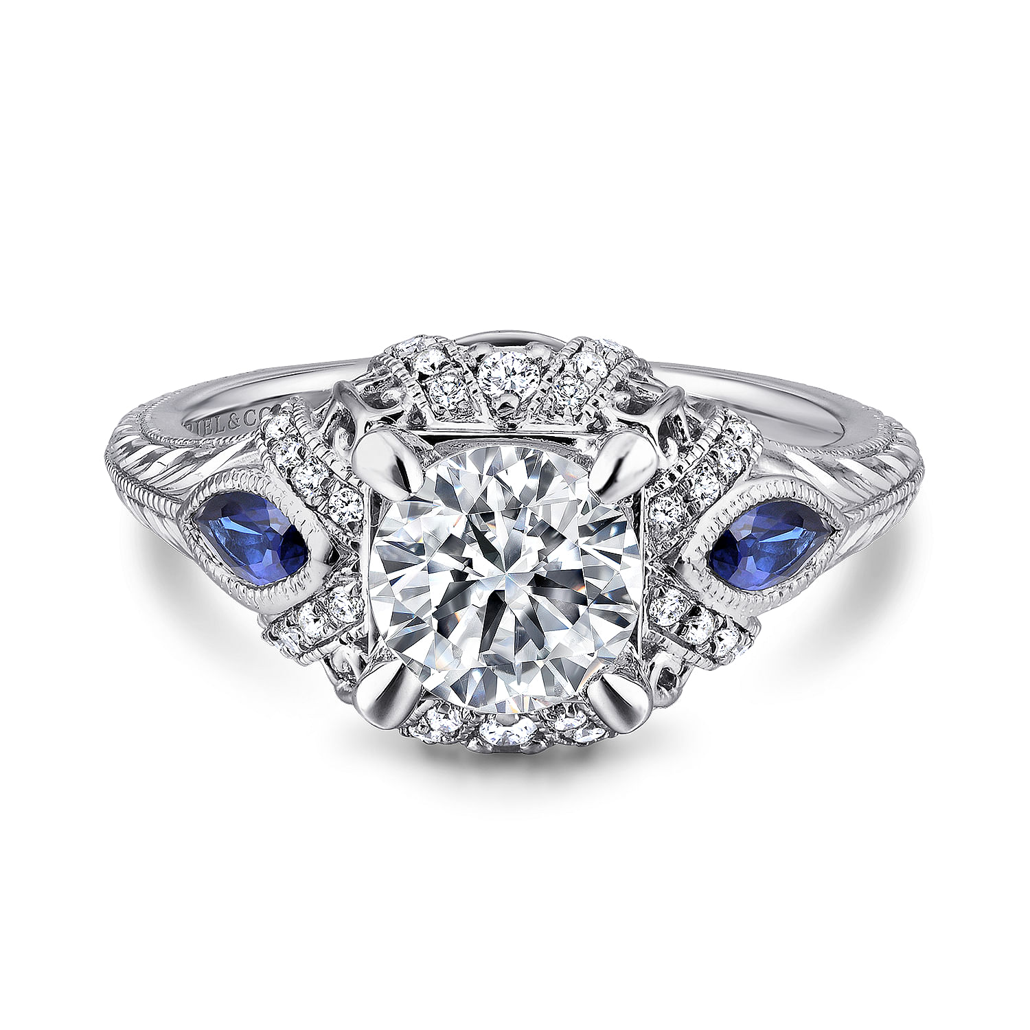 Lexington - Vintage Inspired Platinum Round Three Stone Halo Sapphire and Diamond Engagement Ring