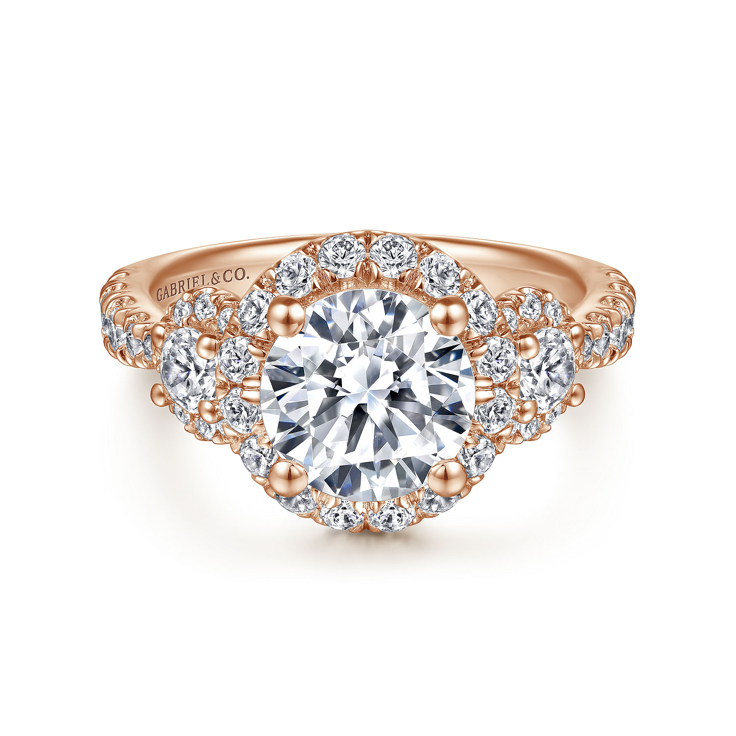 Liana - 14K Rose Gold Round Three Stone Halo Diamond Engagement Ring