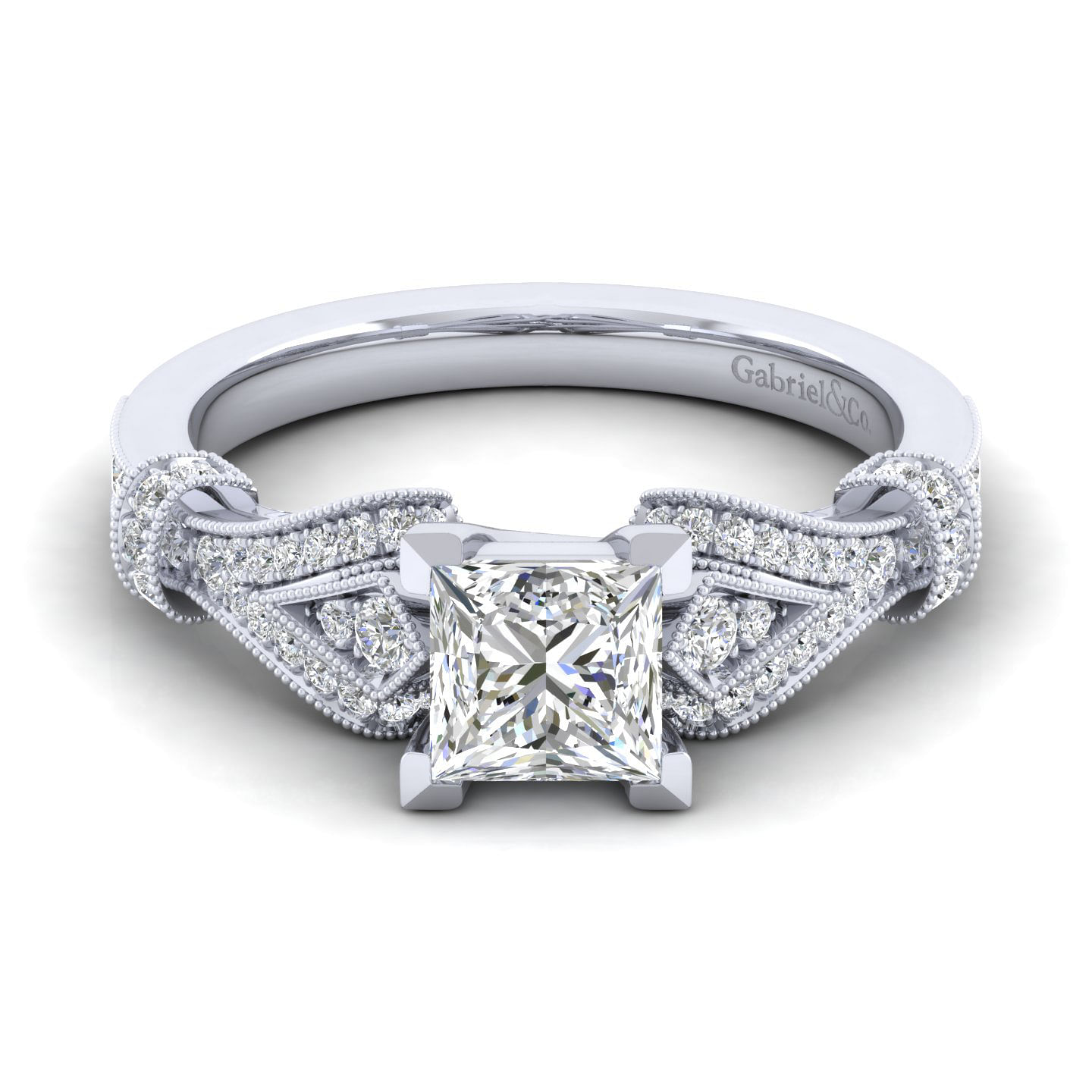 Lucille - Vintage Inspired 14K White Gold Split Shank Princess Cut Diamond Engagement Ring