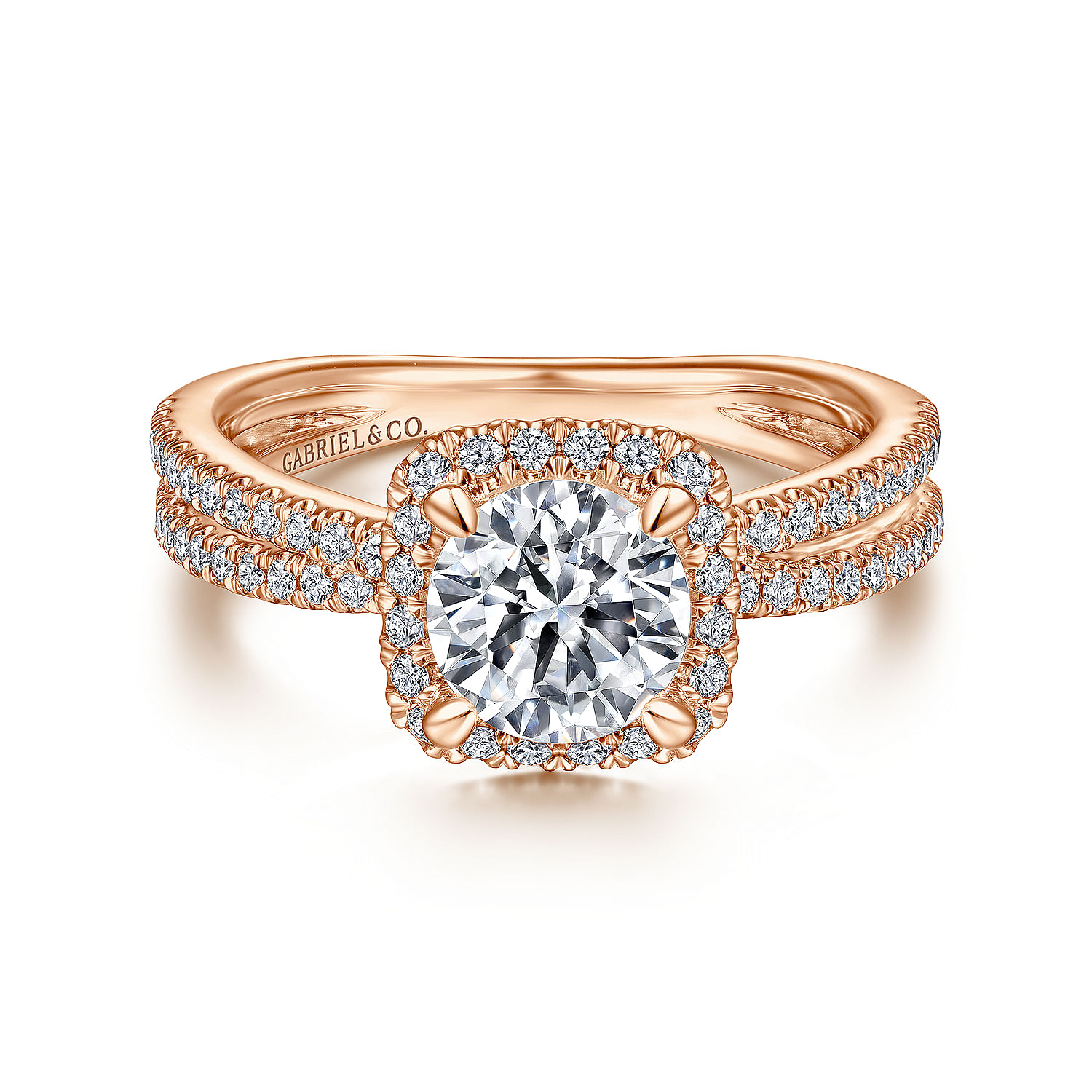 Lucrezia - 14K Rose Gold Cushion Halo Round Diamond Engagement Ring