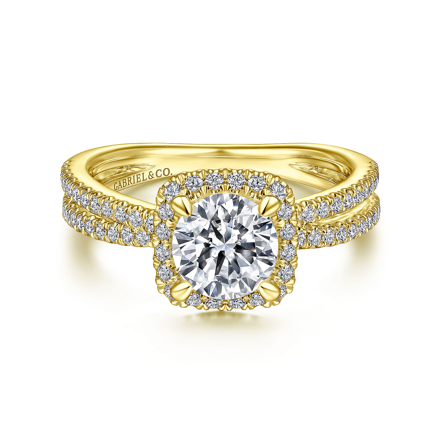 Lucrezia - 14K Yellow Gold Cushion Halo Round Diamond Engagement Ring