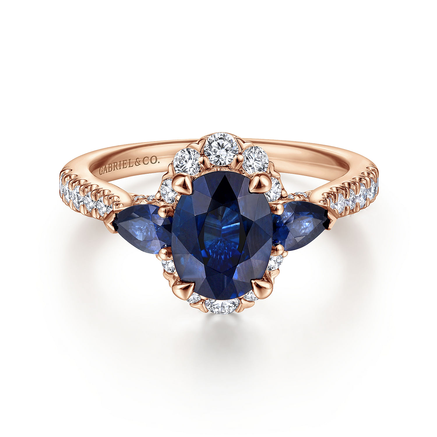 Marietta - 14K Rose Gold Oval Halo Diamond and Sapphire Engagement Ring