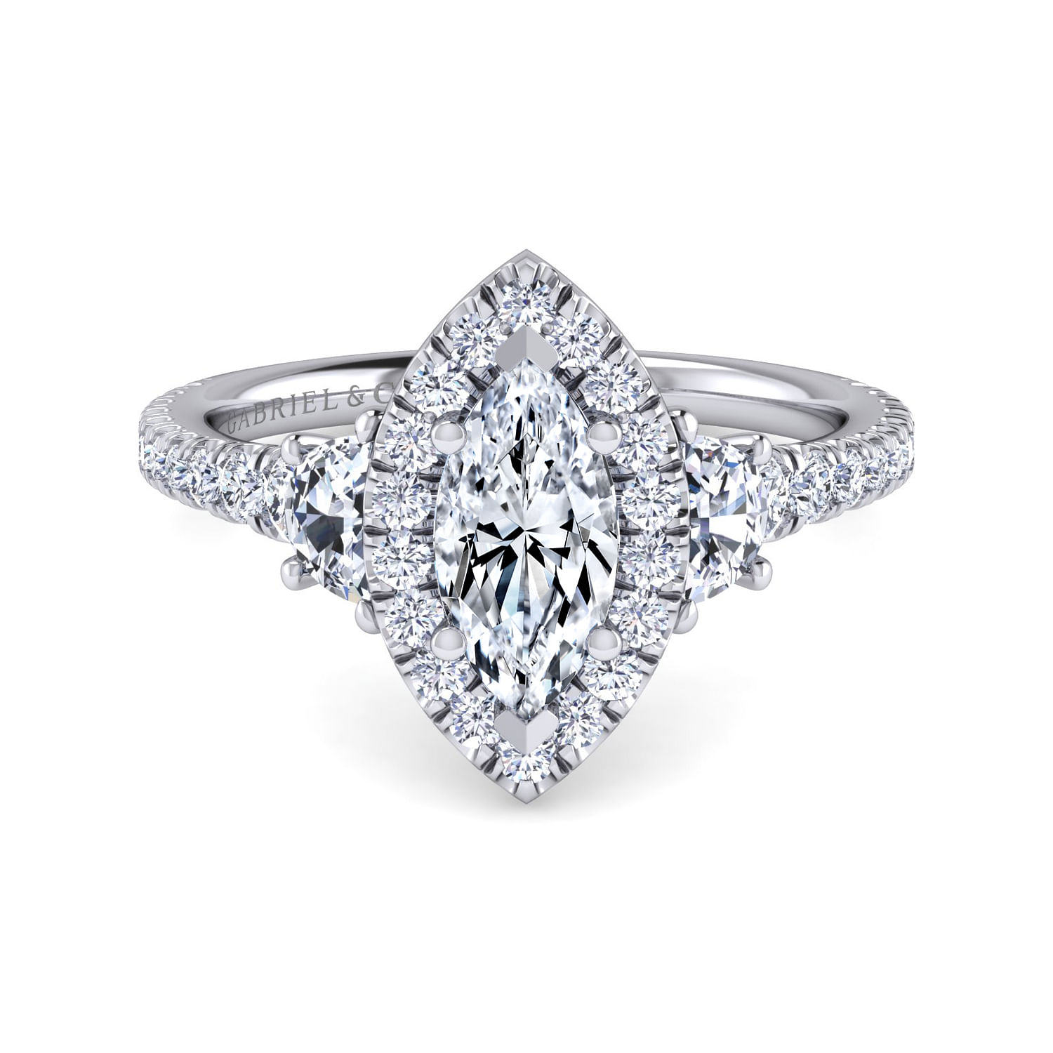 Mia - Platinum Marquise Shape Three Stone Halo Diamond Engagement Ring
