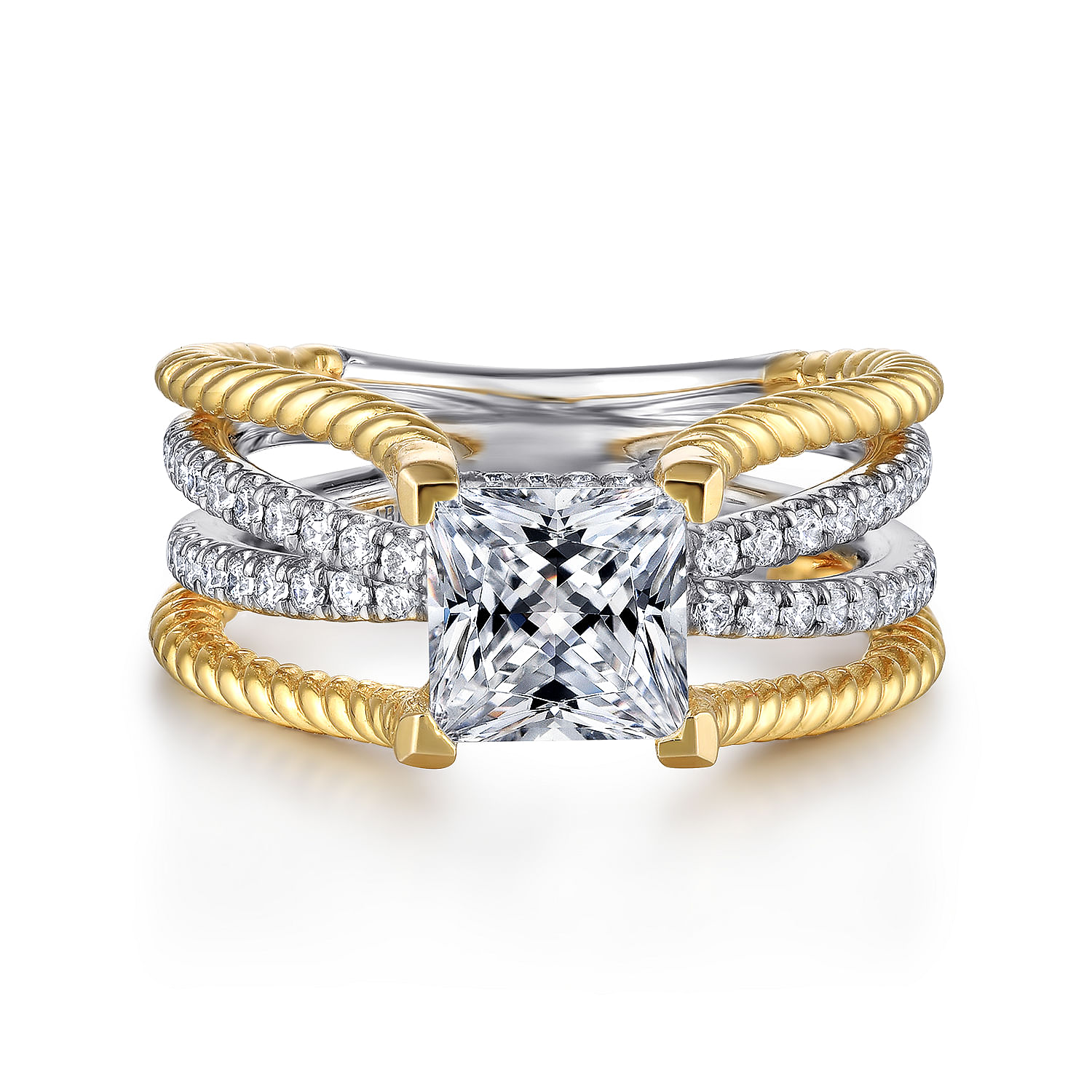 Mira - 14K White-Yellow Gold Free Form Princess Cut Diamond Engagement Ring