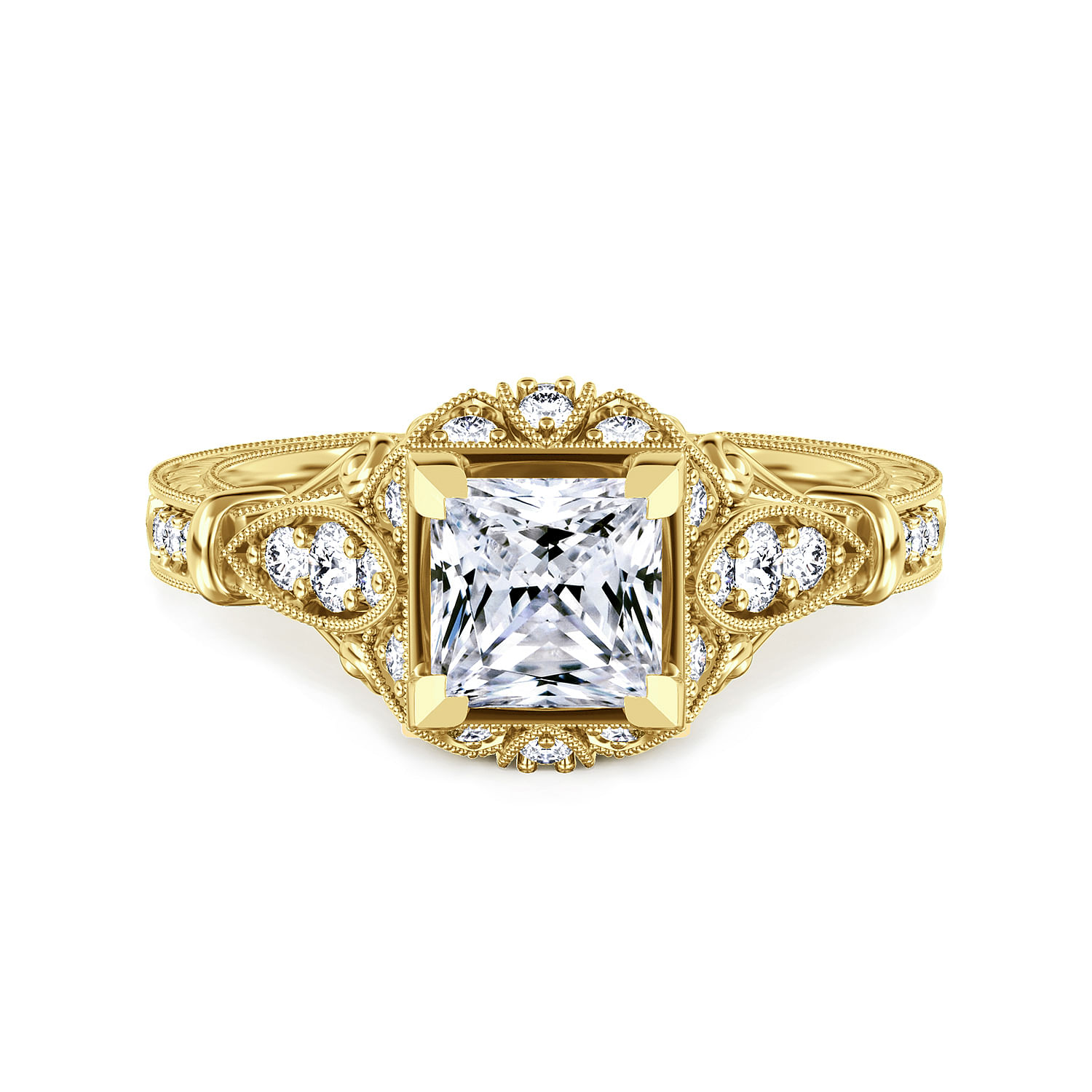 Montgomery - Unique 14K Yellow Gold Vintage Inspired Princess Cut Halo Diamond Engagement Ring