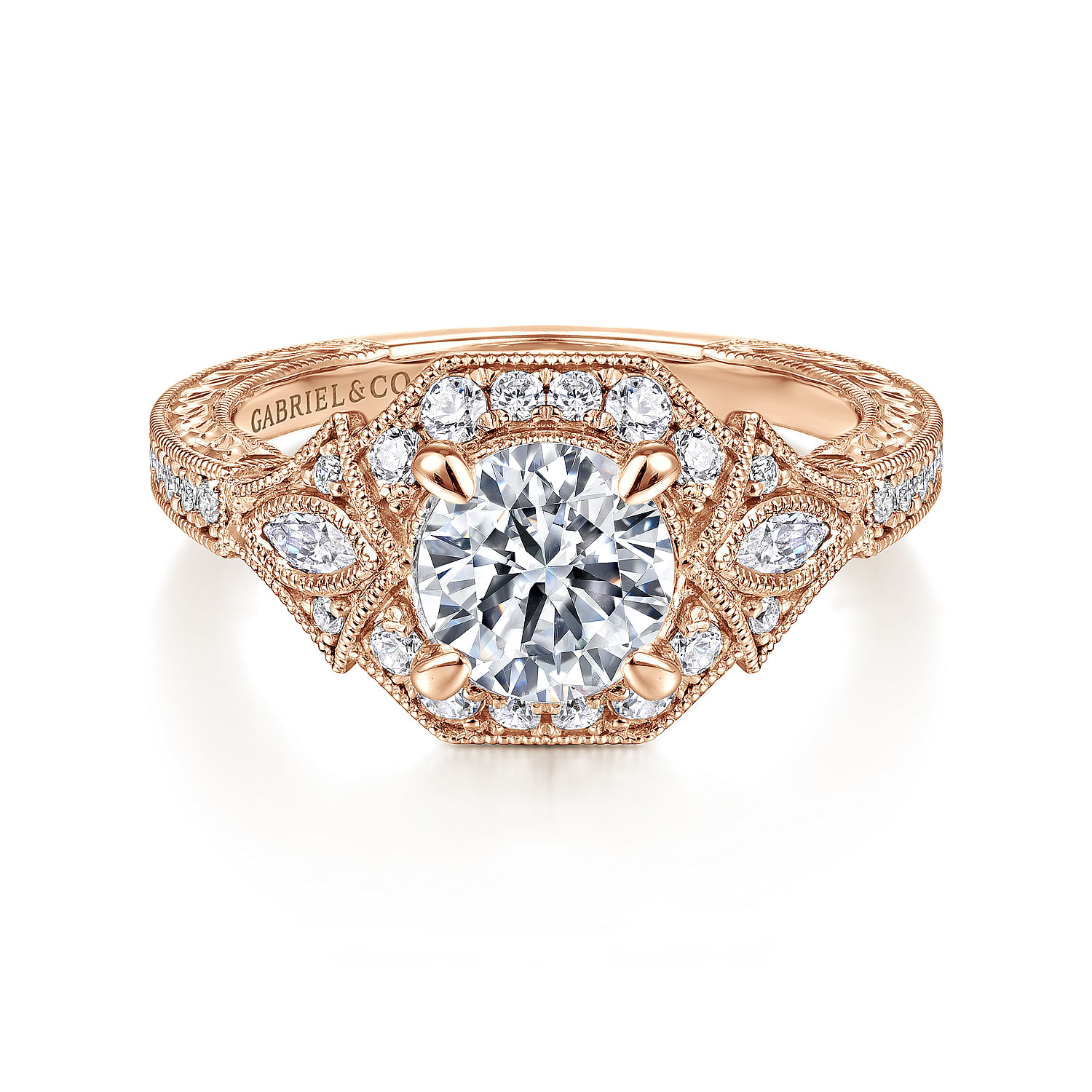 Myrna - Art Deco 14K Rose Gold Round Halo Diamond Engagement Ring