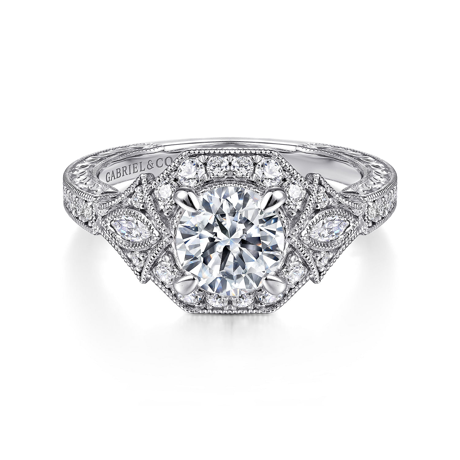 Myrna - Art Deco 14K White Gold Round Halo Diamond Engagement Ring