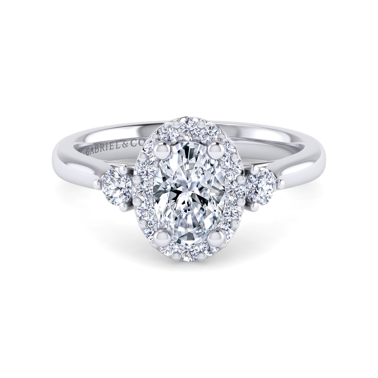Noelle - 14K White Gold Oval Three Stone Halo Diamond Engagement Ring