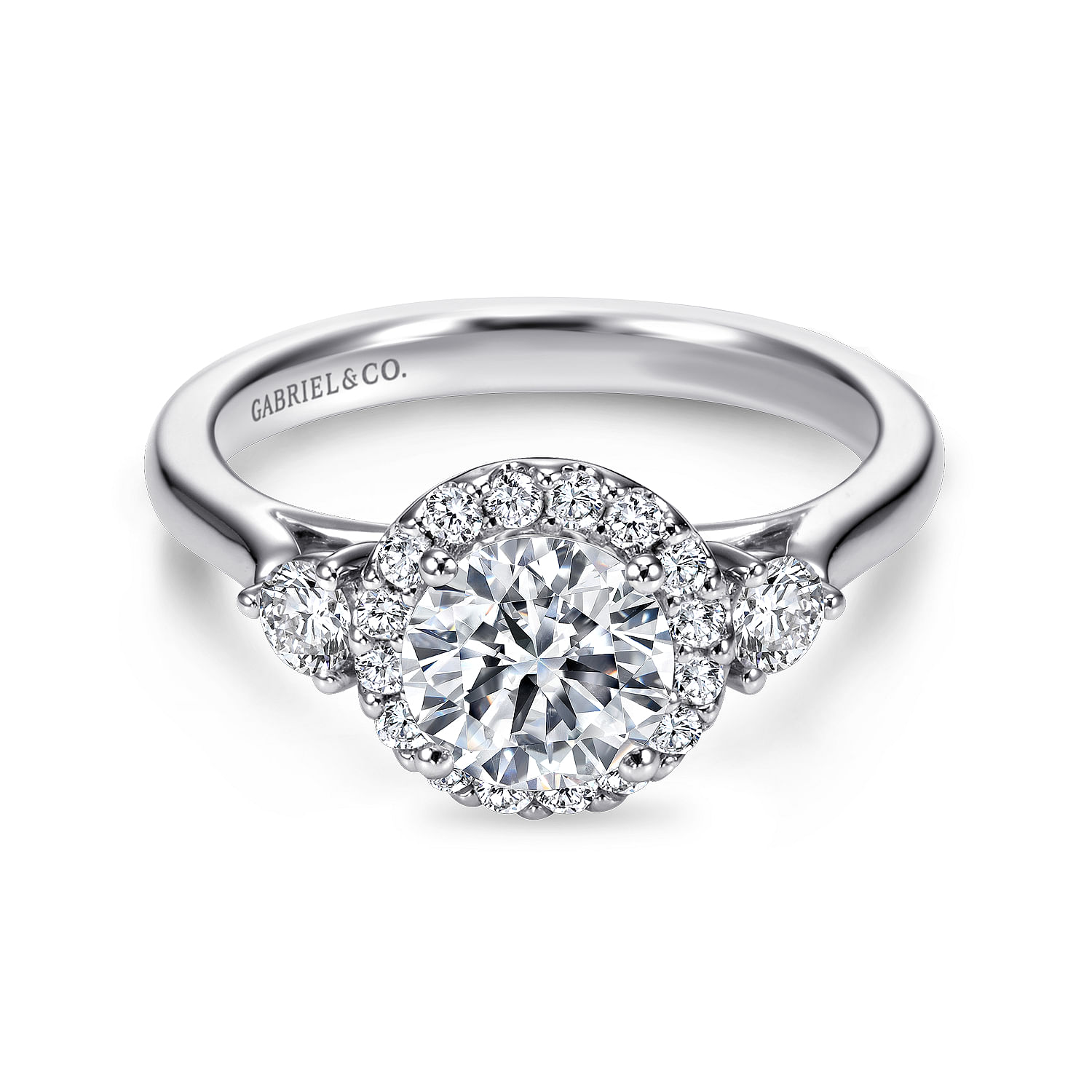Noelle - 14K White Gold Round Three Stone Halo Diamond Engagement Ring