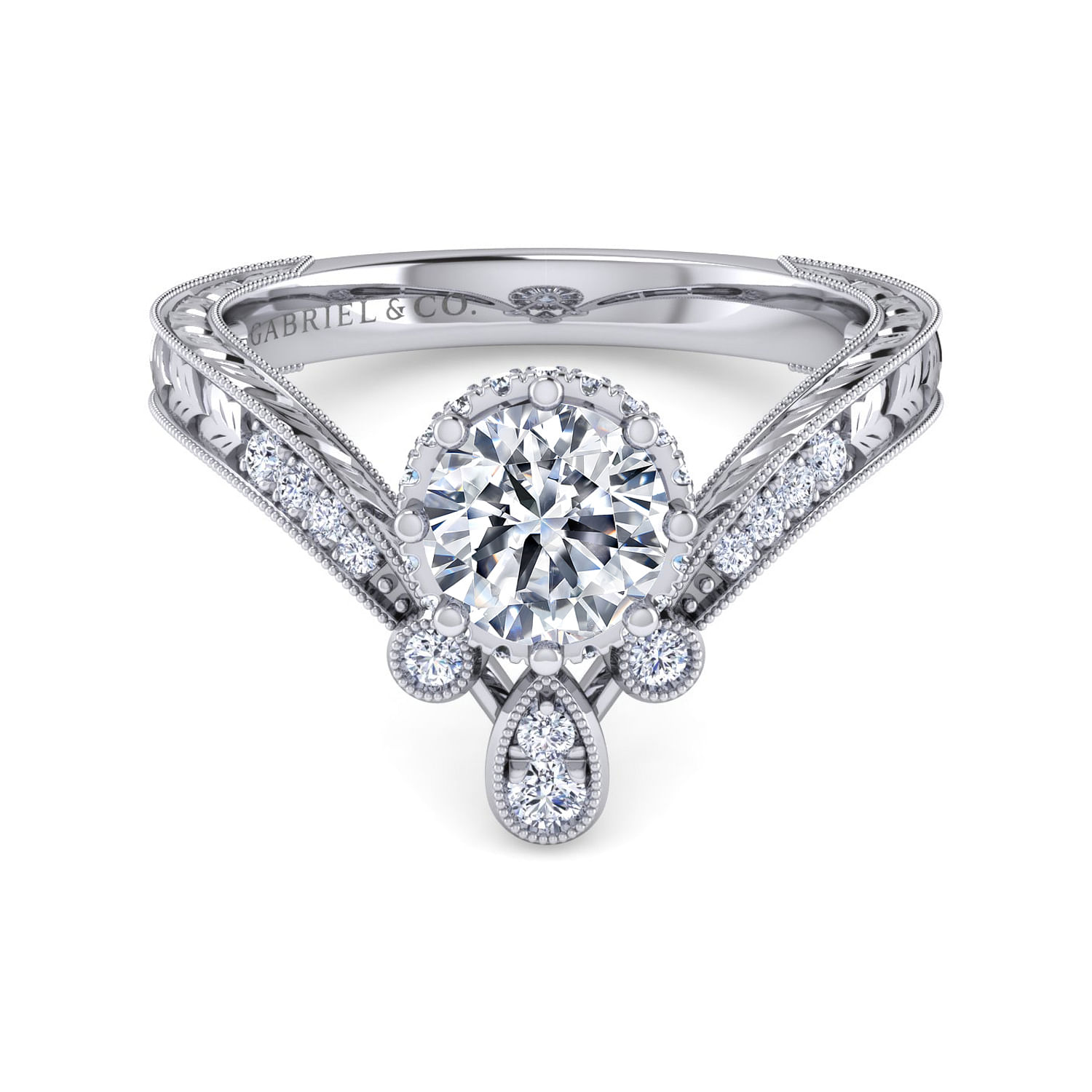 Oriana - Vintage Inspired 14K White Gold Curved Round Diamond Engagement Ring