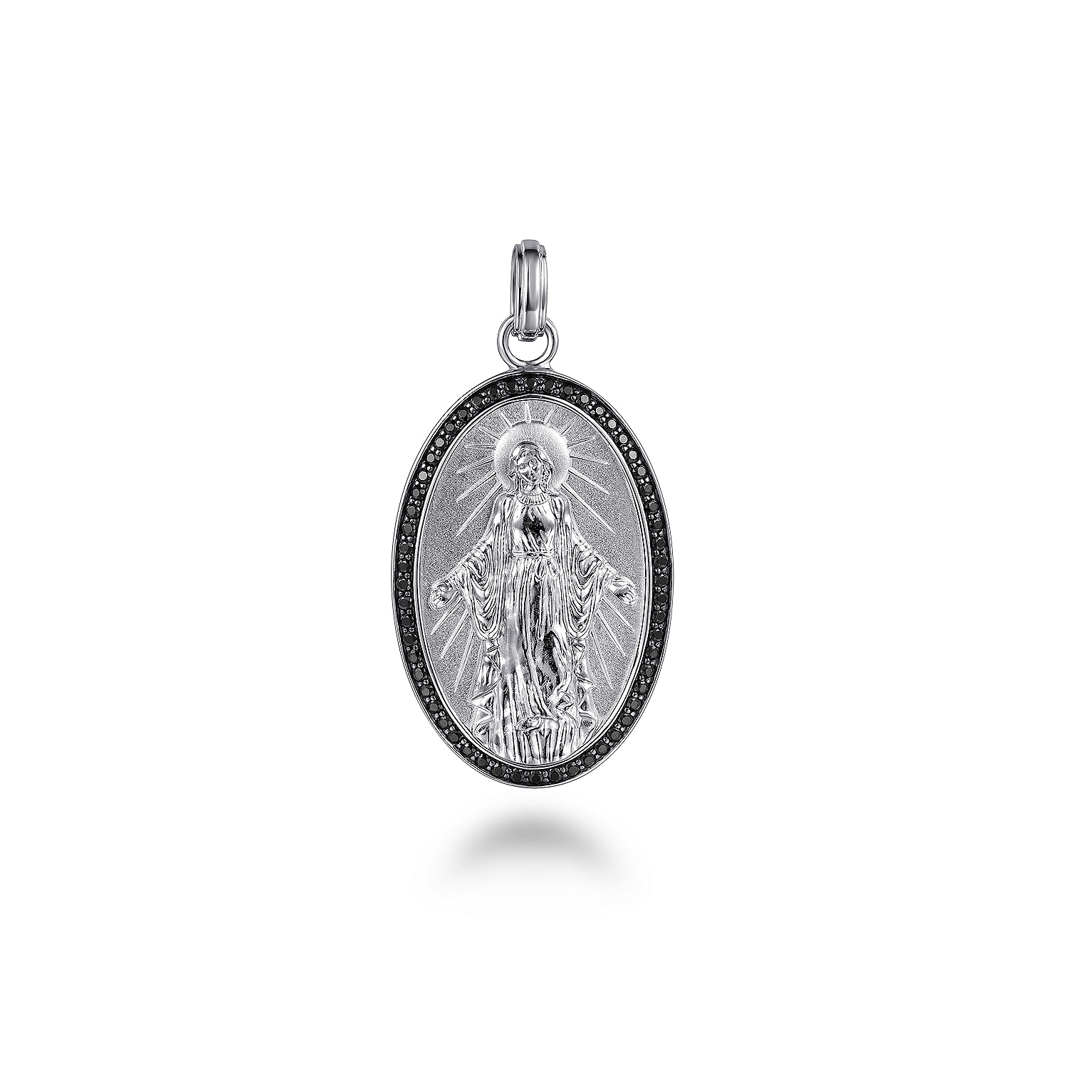 Oval 925 Sterling Silver Virgin Mary Pendant with Black Spinel Frame