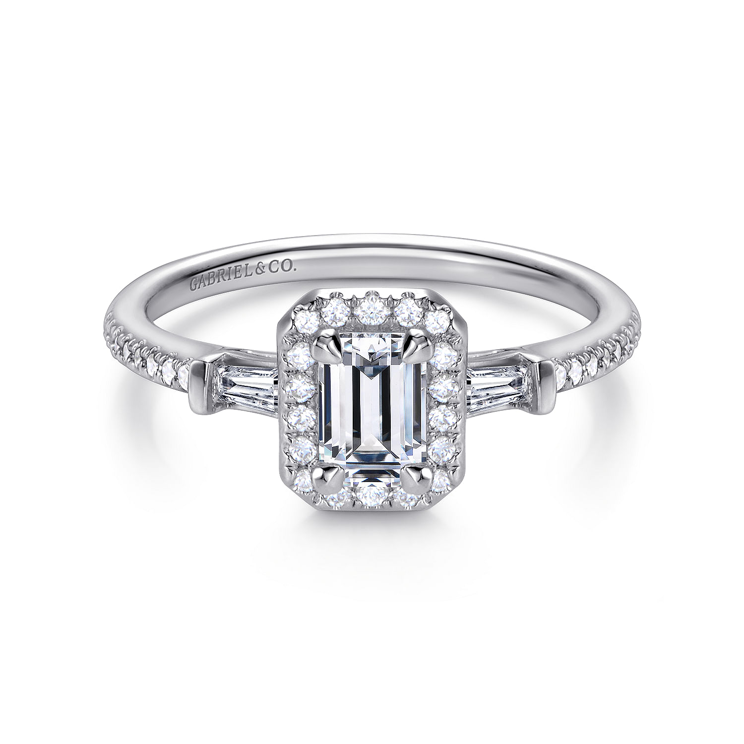 Raveena - 14K White Gold Three Stone Halo Emerald Cut Diamond Engagement Ring