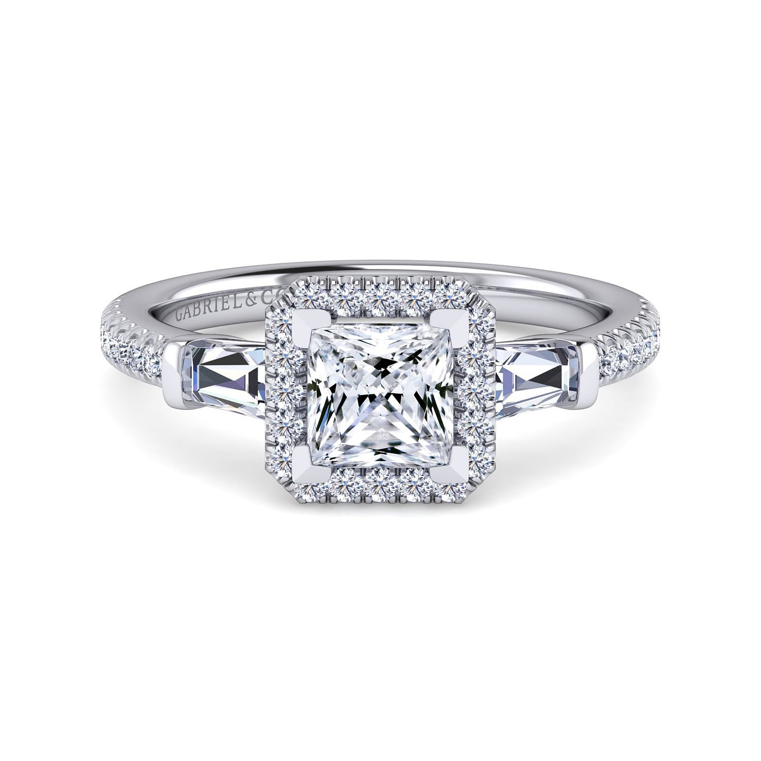 Raveena - Platinum Princess Cut Three Stone Halo Diamond Engagement Ring