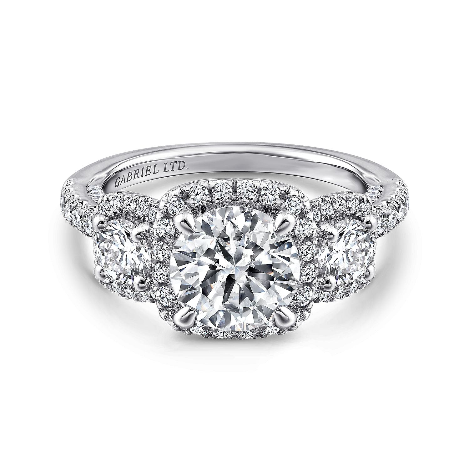 Raya - 18K White Gold 3 Stone Halo Round Diamond Engagement Ring