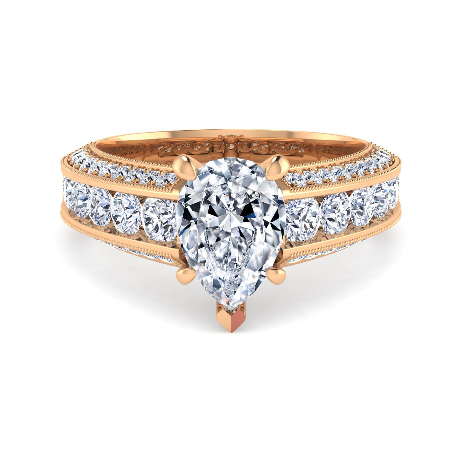 Rebecca - Vintage Inspired 14K Rose Gold Wide Band Pear Shape Diamond Engagement Ring