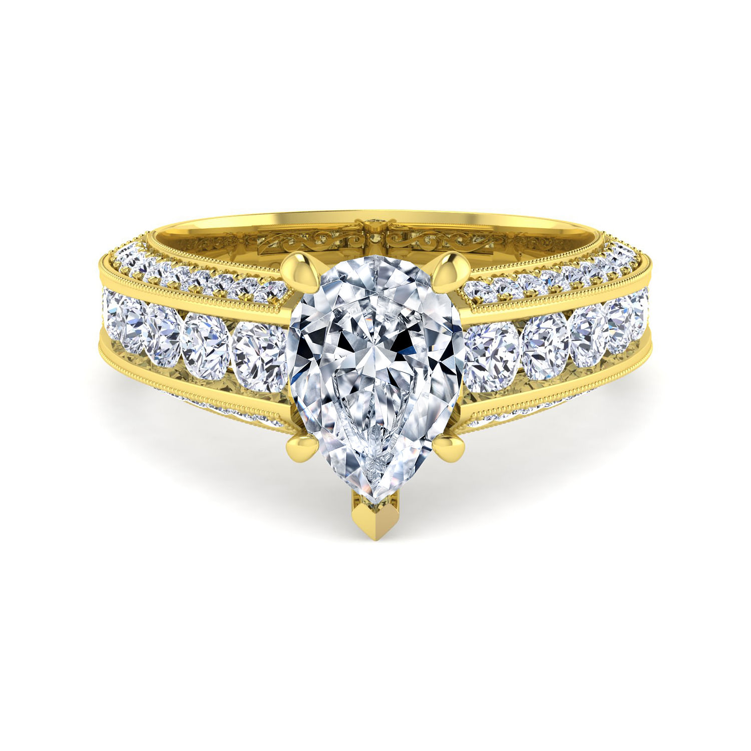 Rebecca - Vintage Inspired 14K Yellow Gold Wide Band Pear Shape Diamond Engagement Ring