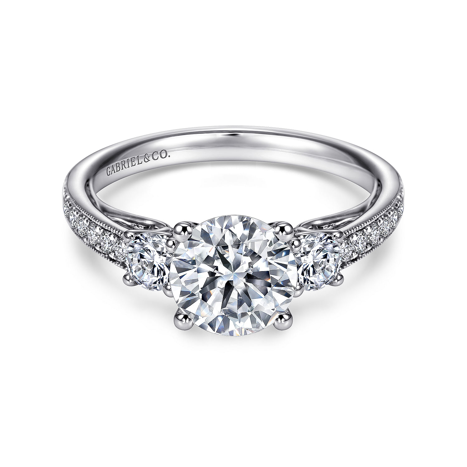 Rory - Vintage Inspired 14K White Gold Round Three Stone Diamond Engagement Ring