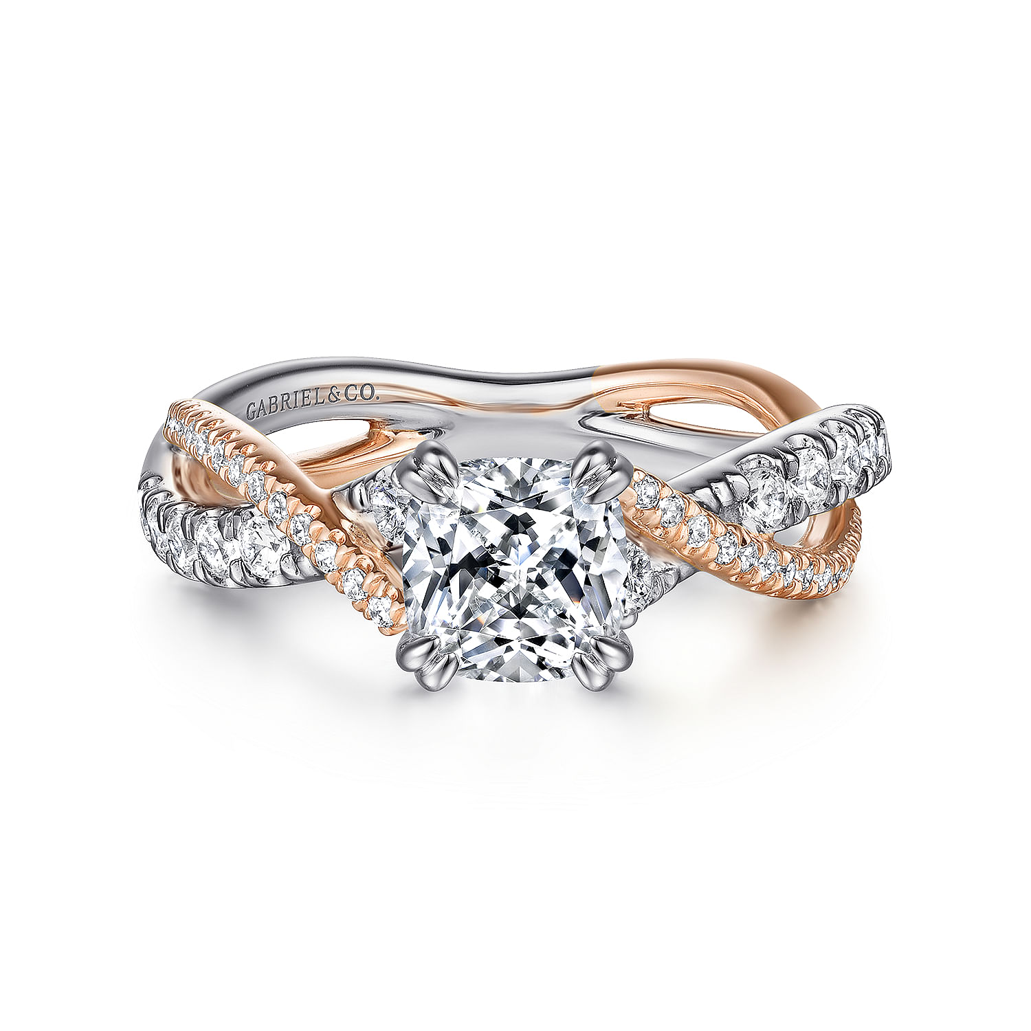 Sandrine - 14K White-Rose Gold Cushion Cut Twisted Diamond Engagement Ring